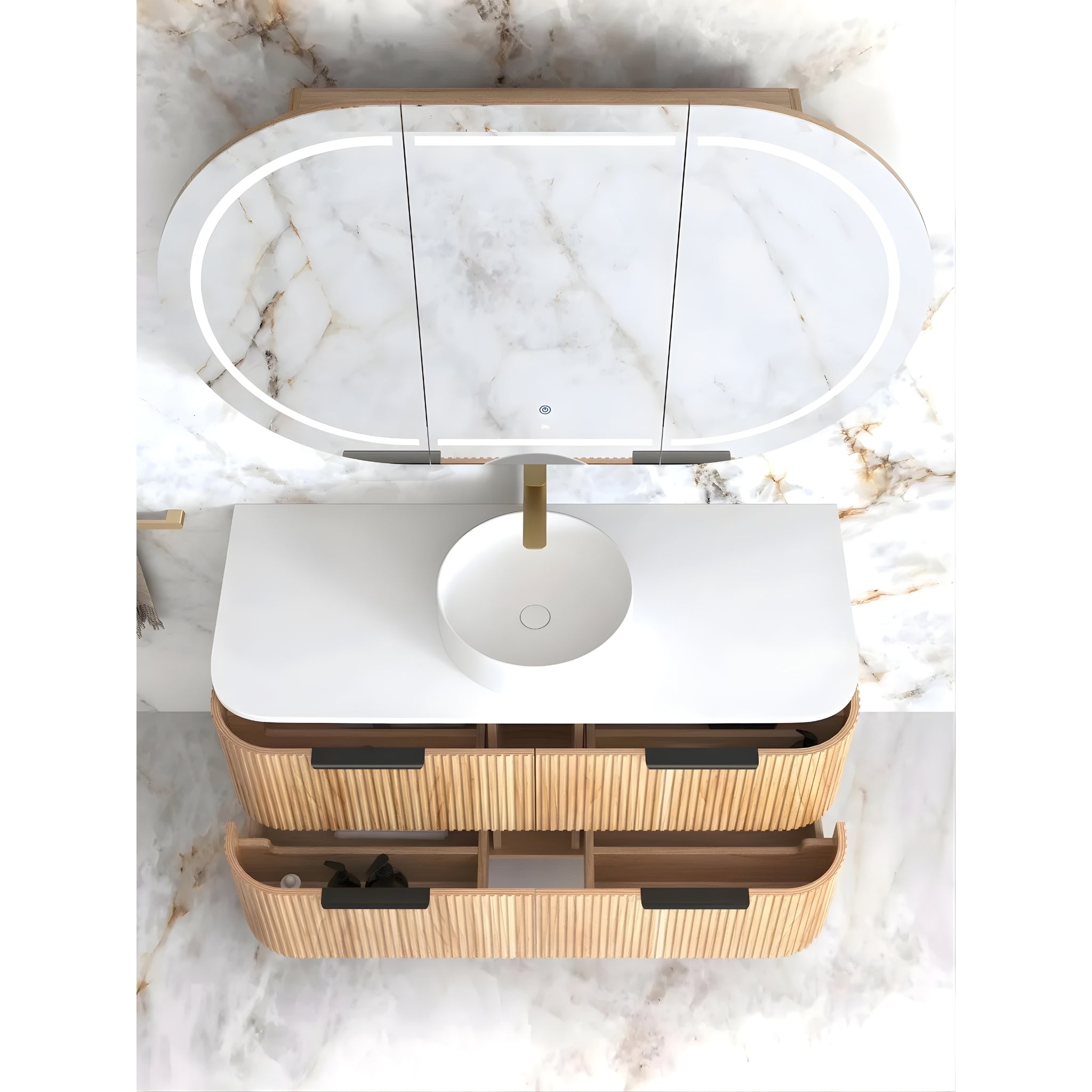 OTTI HAVANA WOODLAND OAK FLUTED 1200MM CURVE SINGLE BOWL WALL HUNG VANITY