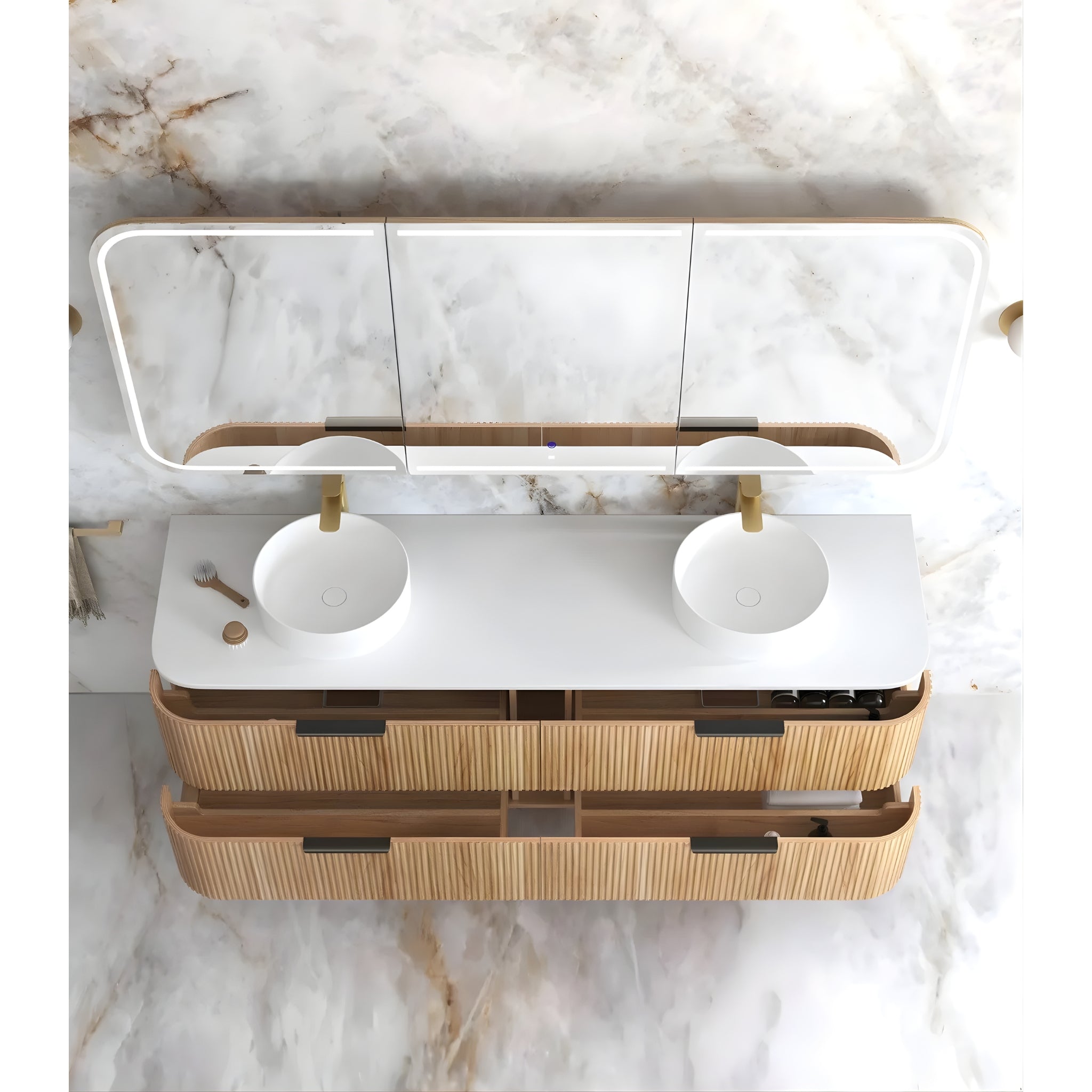 OTTI HAVANA WOODLAND OAK FLUTED 1800MM CURVE DOUBLE BOWL WALL HUNG VANITY