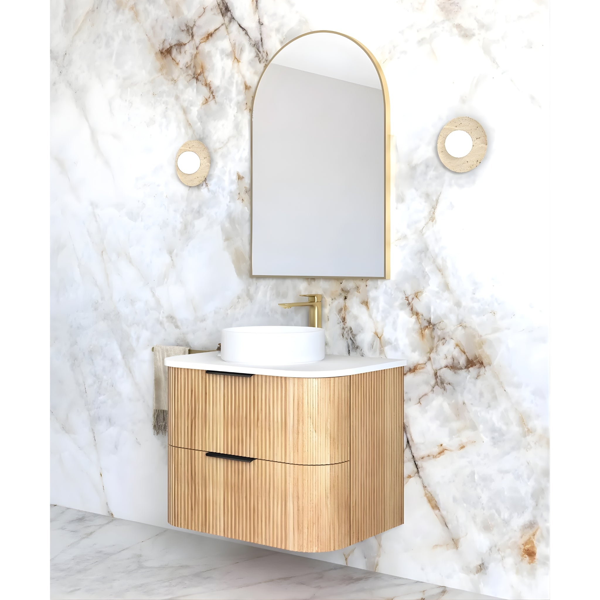 OTTI HAVANA WOODLAND OAK FLUTED 750MM CURVE SINGLE BOWL WALL HUNG VANITY