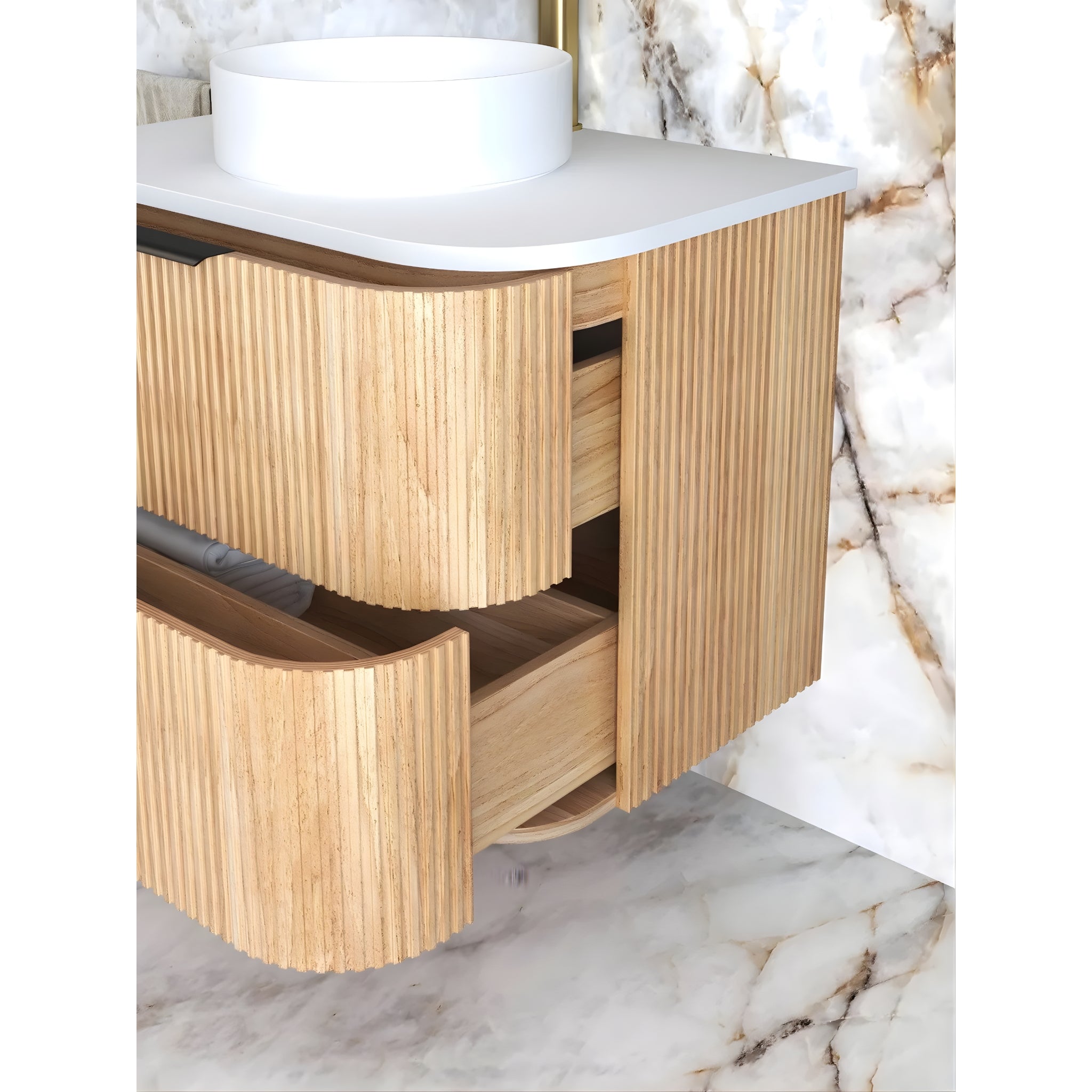 OTTI HAVANA WOODLAND OAK FLUTED 750MM CURVE SINGLE BOWL WALL HUNG VANITY