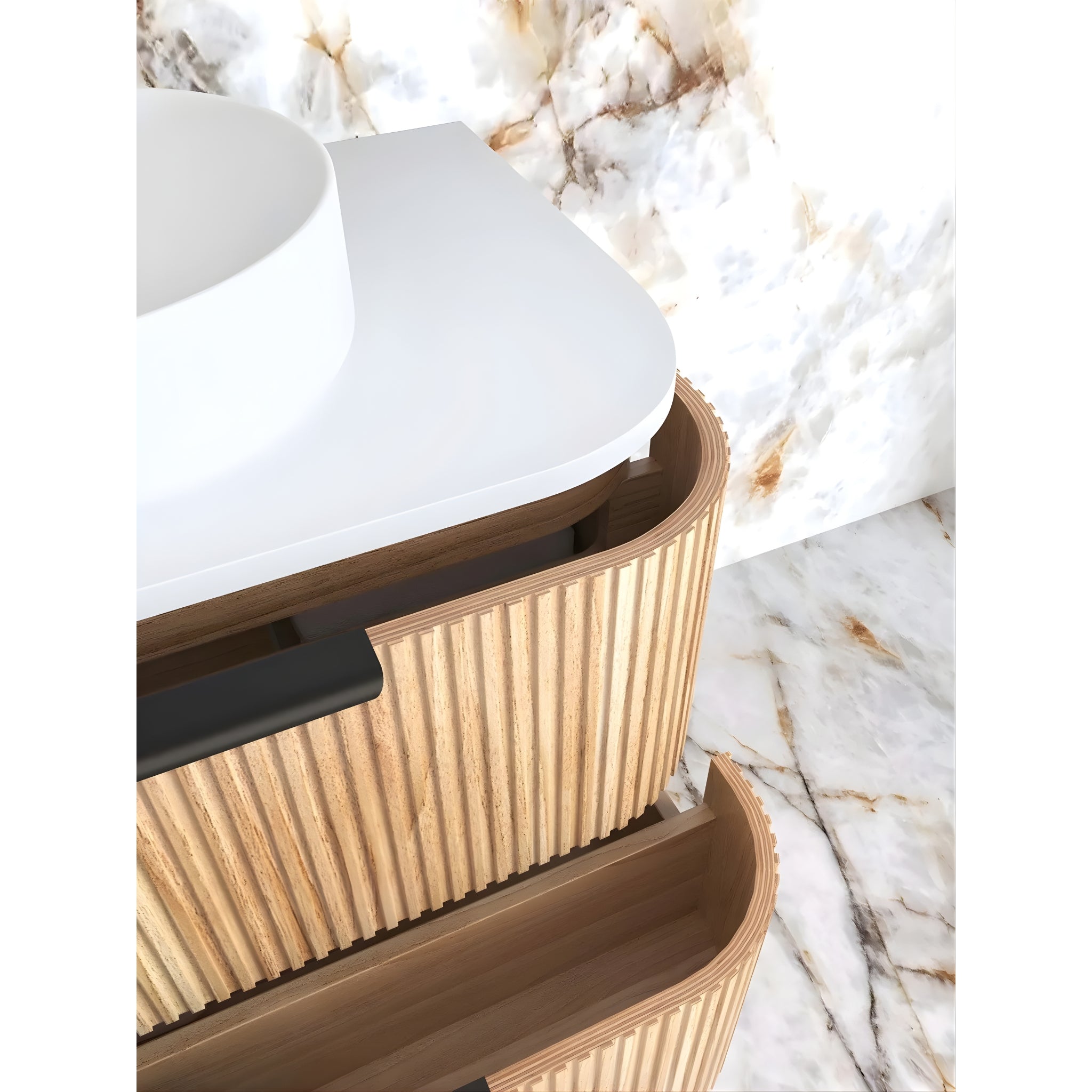 OTTI HAVANA WOODLAND OAK FLUTED 750MM CURVE SINGLE BOWL WALL HUNG VANITY