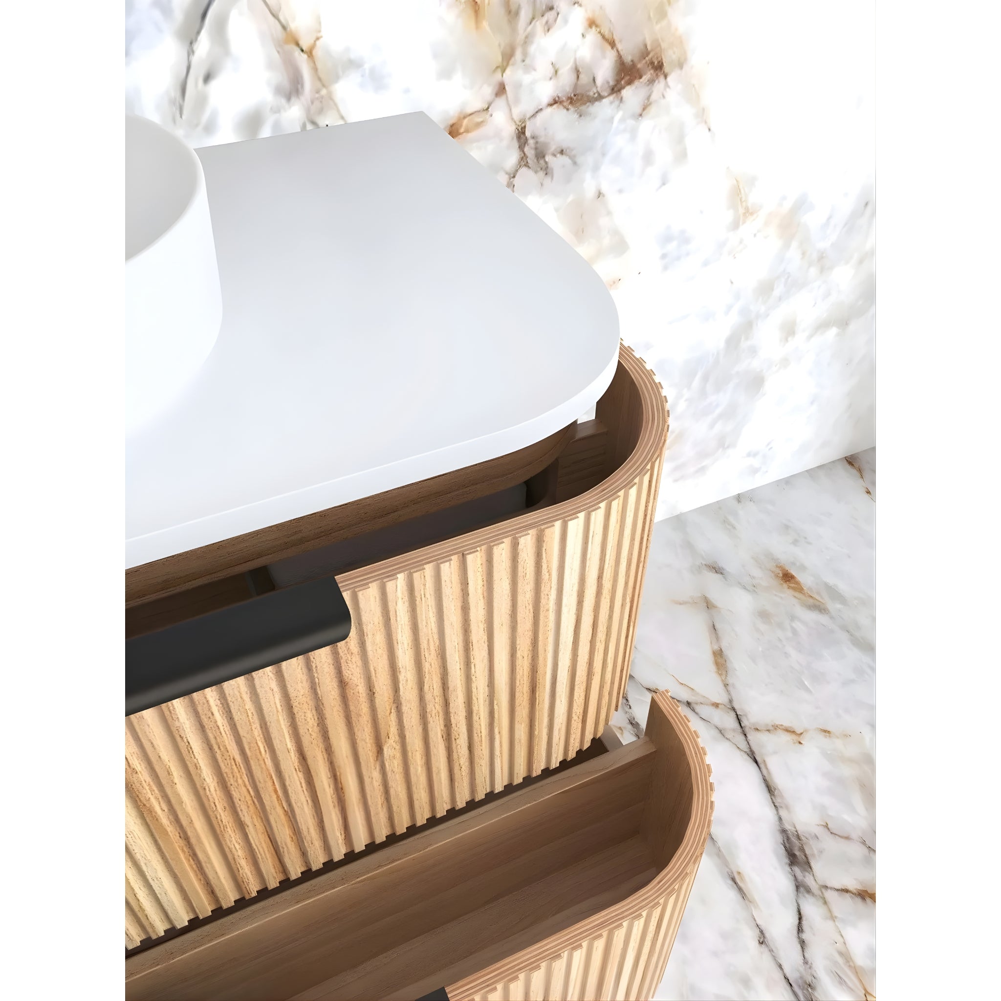 OTTI HAVANA WOODLAND OAK FLUTED 900MM CURVE SINGLE BOWL WALL HUNG VANITY