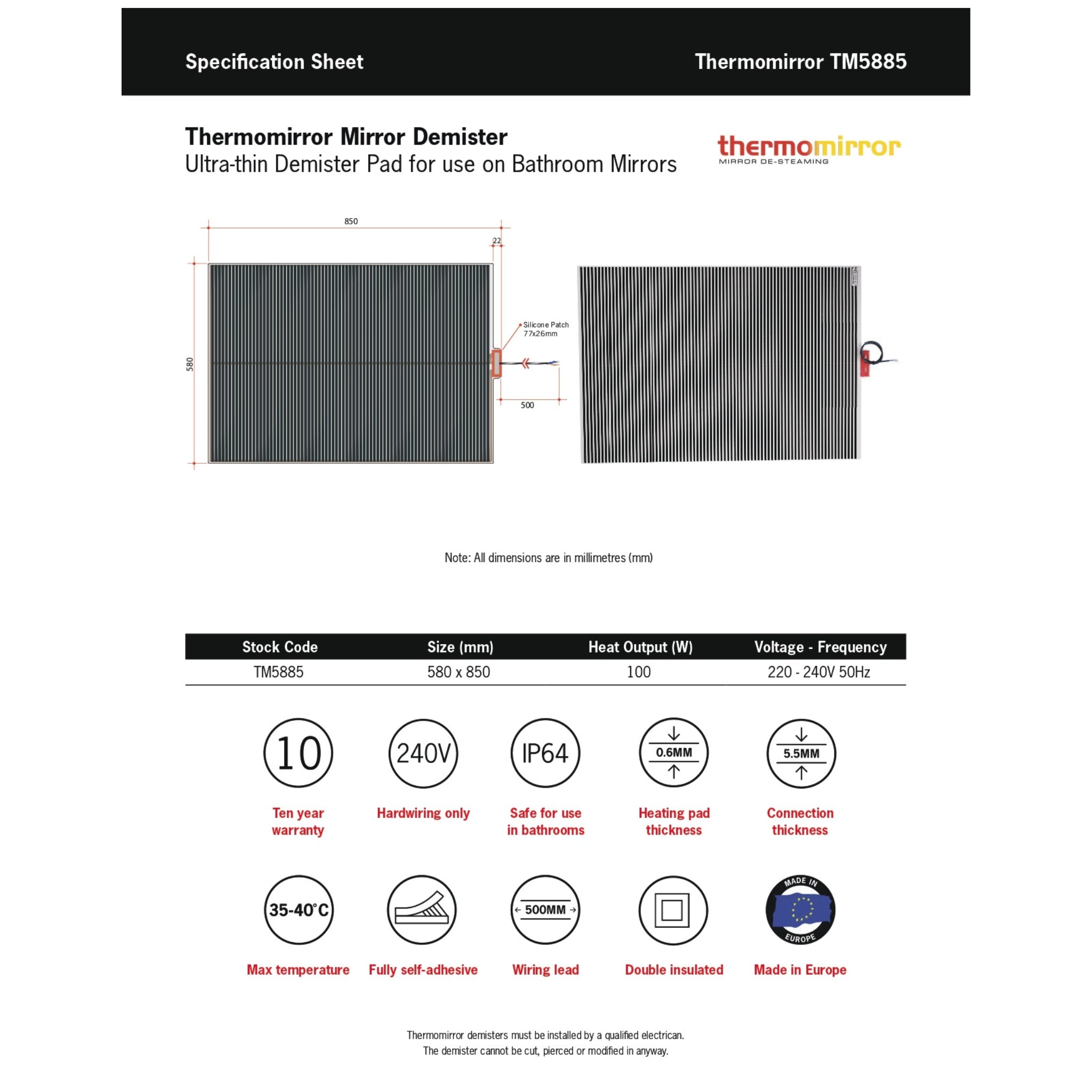 THERMOGROUP ABLAZE STANDARD D-SHAPE POLISHED EDGE GLUE MIRROR WITH DEMISTER 1500MM