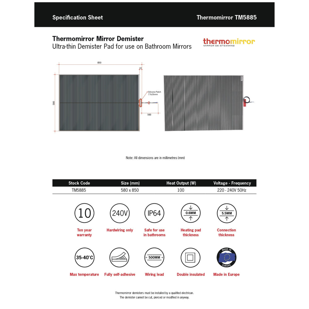 THERMOGROUP ABLAZE STANDARD D-SHAPE POLISHED EDGE GLUE MIRROR WITH DEMISTER 1500MM
