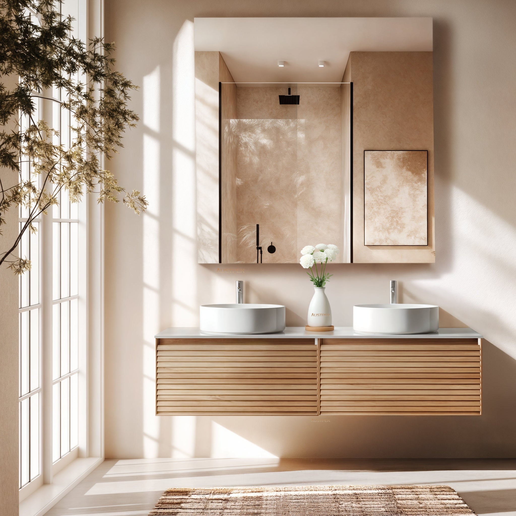 ORIO HAMILTON ACACIA WOOD 1500MM DOUBLE BOWL WALL HUNG VANITY