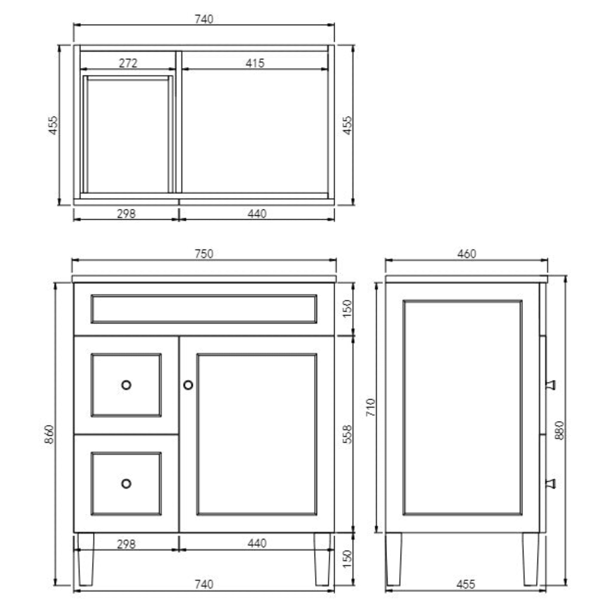 VITO HAMILTON MATTE WHITE 750MM SINGLE BOWL FLOOR STANDING VANITY (AVAILABLE IN LEFT AND RIGHT HAND DRAWER)