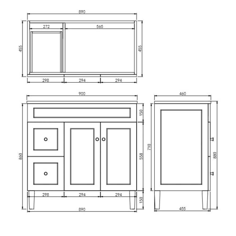 VITO HAMILTON MATTE WHITE 900MM SINGLE BOWL FLOOR STANDING VANITY (AVAILABLE IN LEFT AND RIGHT HAND DRAWER)