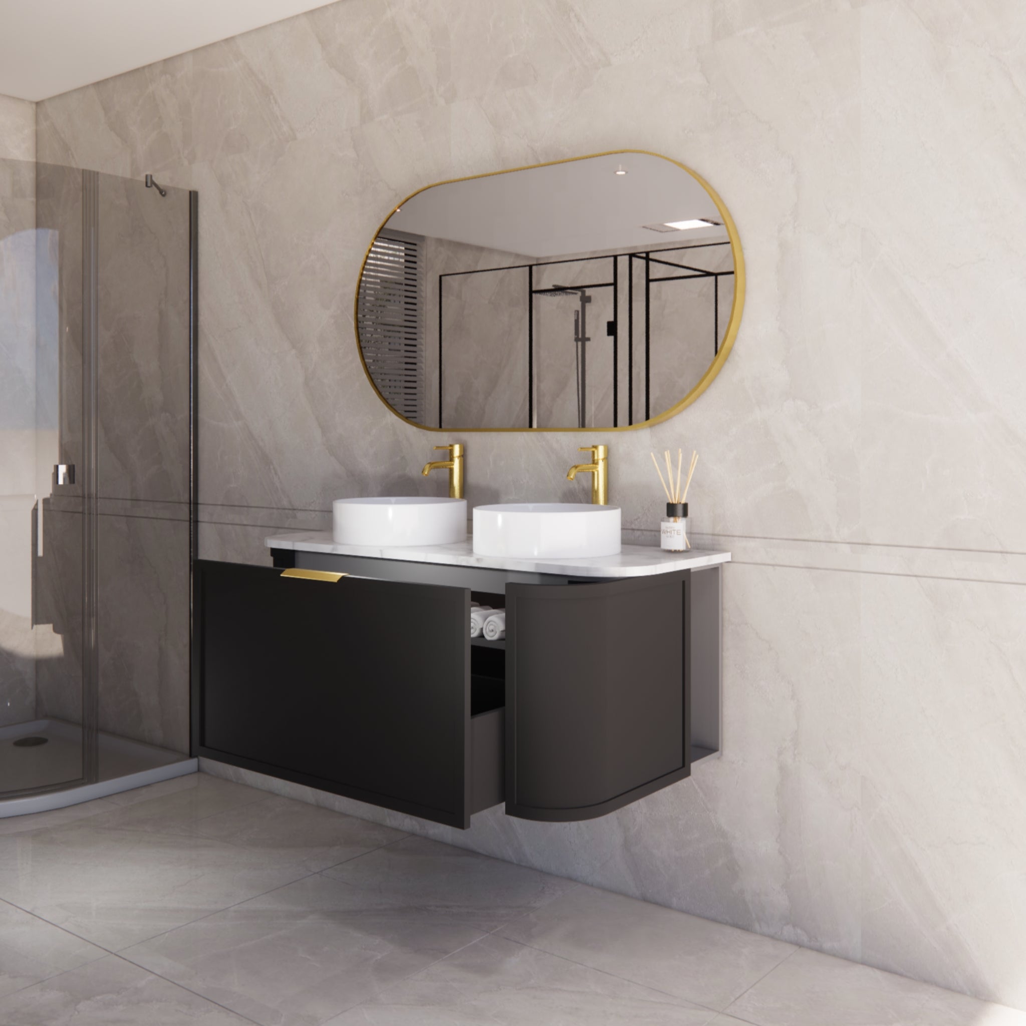 RIVA HOUSTON MATTE BLACK 1200MM DOUBLE BOWL WALL HUNG VANITY