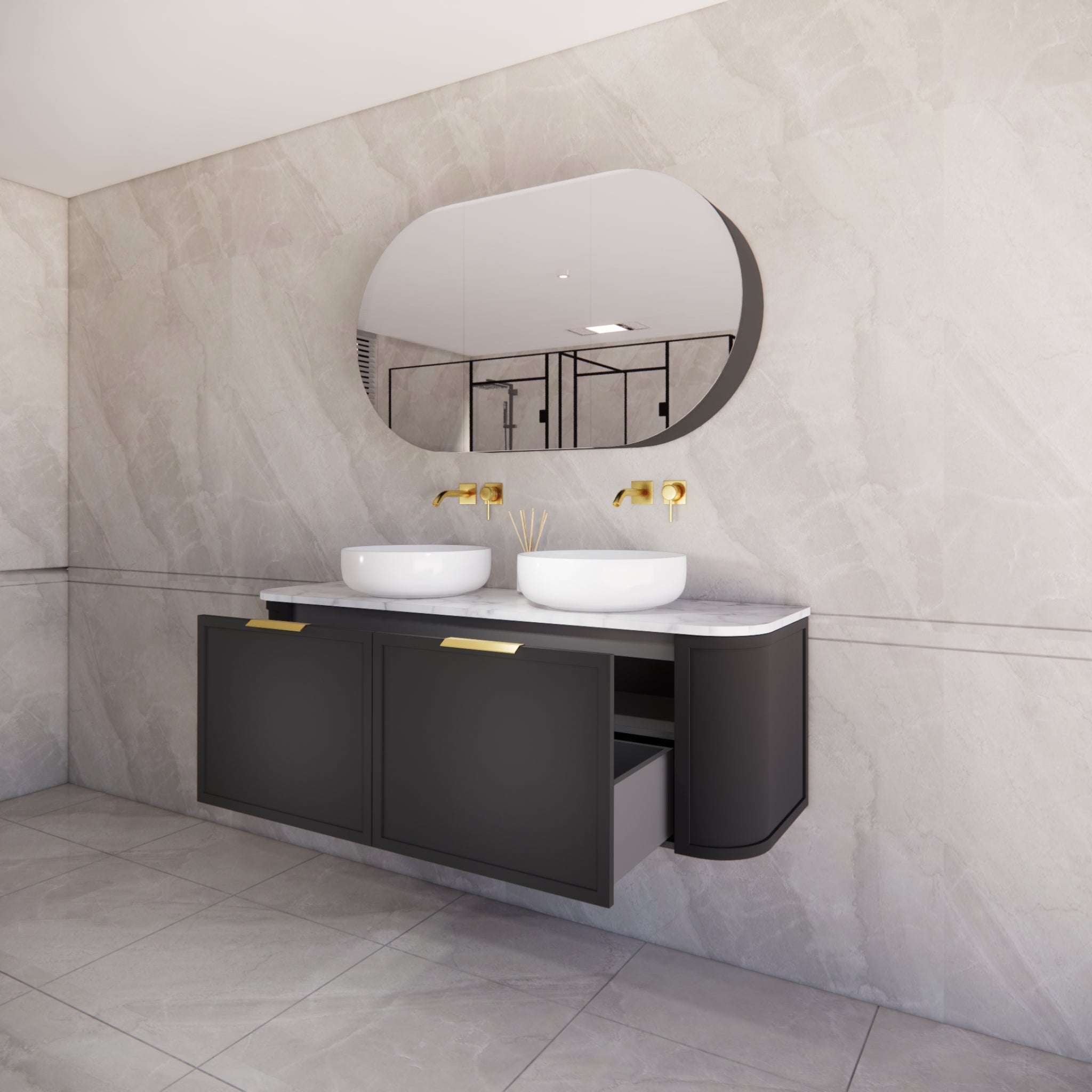 RIVA HOUSTON MATTE BLACK 1500MM DOUBLE BOWL WALL HUNG VANITY