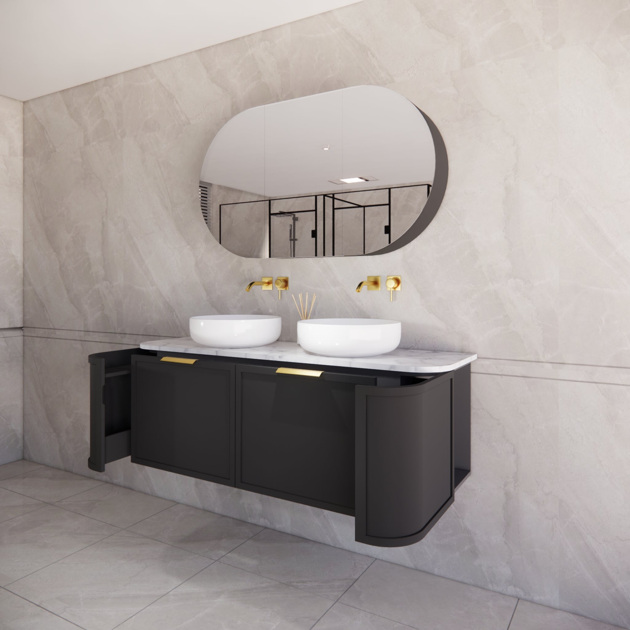 RIVA HOUSTON MATTE BLACK 1500MM DOUBLE BOWL WALL HUNG VANITY