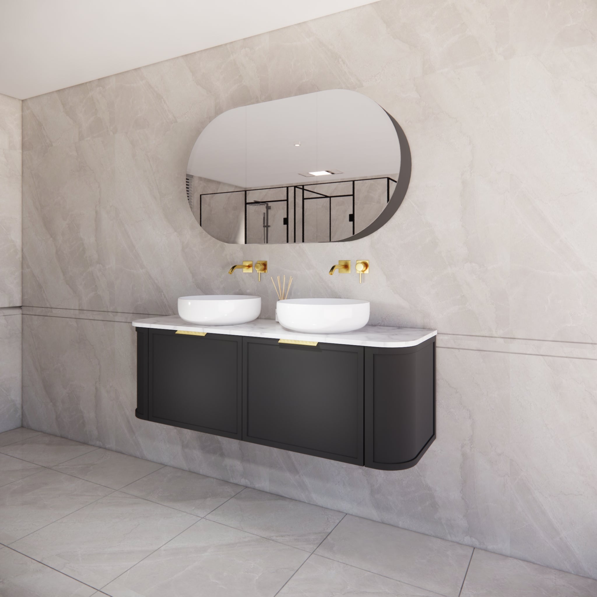 RIVA HOUSTON MATTE BLACK 1500MM DOUBLE BOWL WALL HUNG VANITY