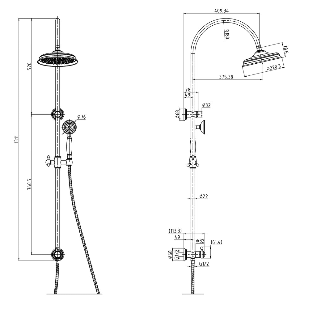 IKON CLASICO COMBINATION SHOWER SET 1311MM BRUSHED NICKEL