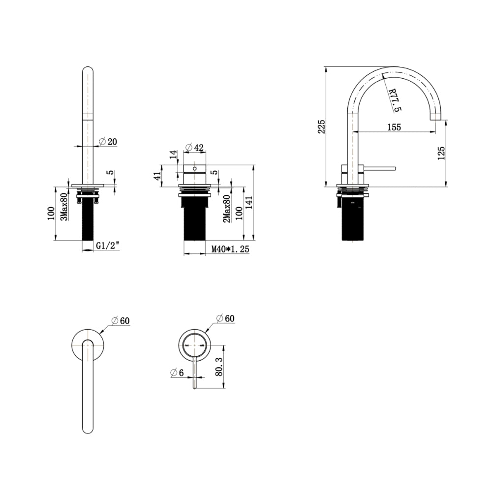 BELLA VISTA MICA LEAD FREE GOOSENECK HOB BASIN MIXER SET 225MM BLACK