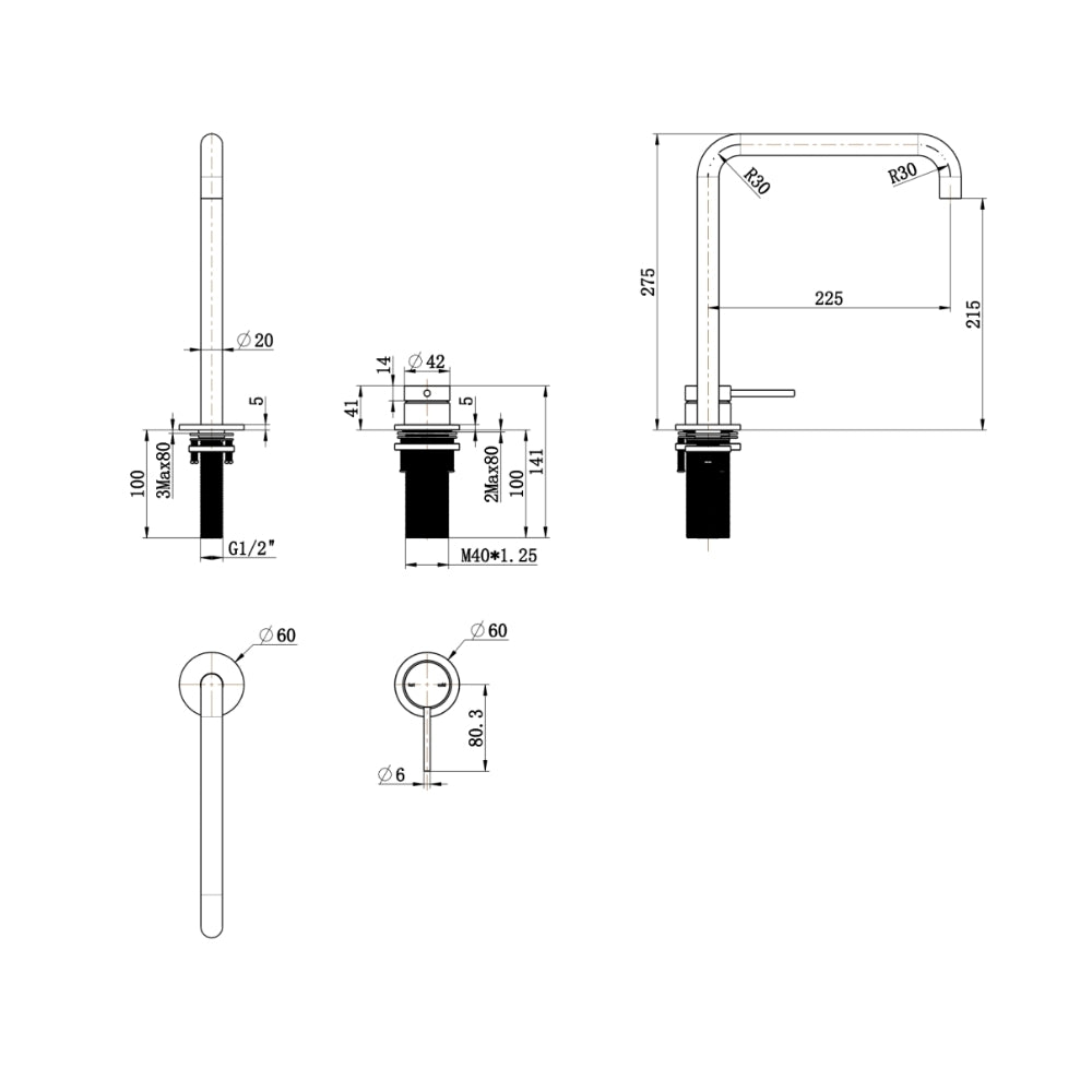 BELLA VISTA MICA LEAD FREE SOFT-SQUARE HOB SINK/BASIN MIXER SET 275MM BLACK