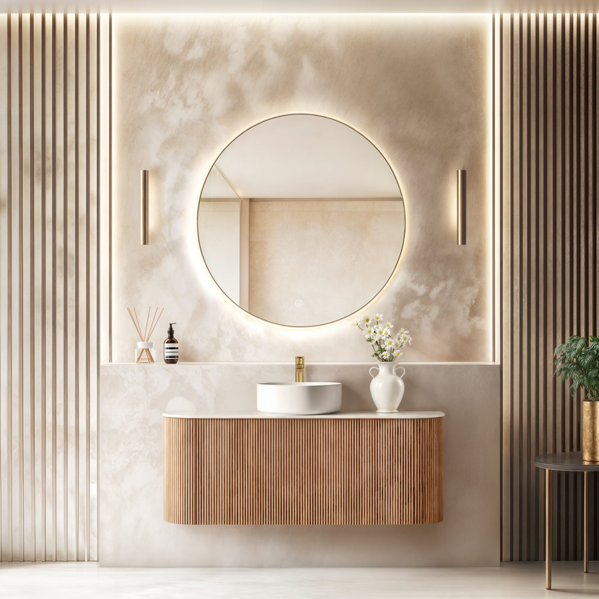 ORIO HAYMAN LIGHT WALNUT FLUTED 1200MM CURVE SINGLE BOWL WALL HUNG VANITY