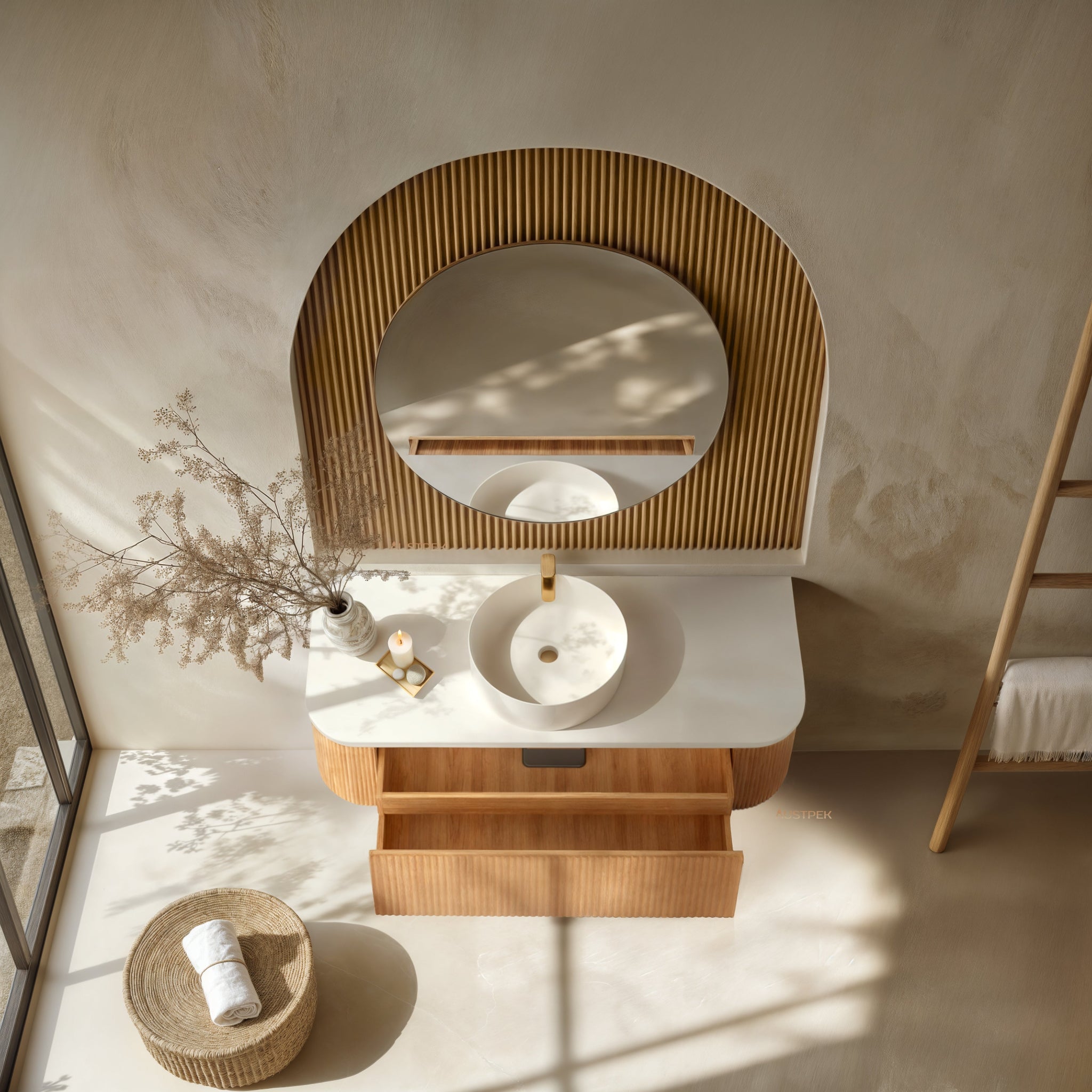 ORIO HAYMAN LIGHT WALNUT FLUTED 1200MM CURVE SINGLE BOWL WALL HUNG VANITY