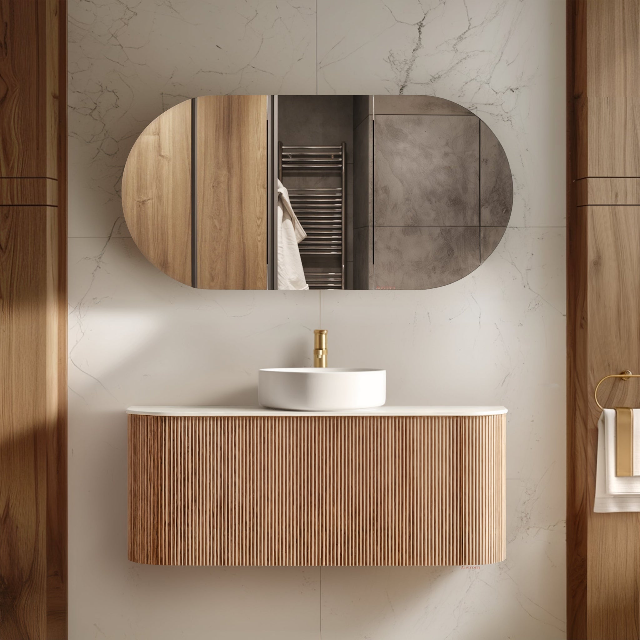 ORIO HAYMAN LIGHT WALNUT FLUTED 1200MM CURVE SINGLE BOWL WALL HUNG VANITY