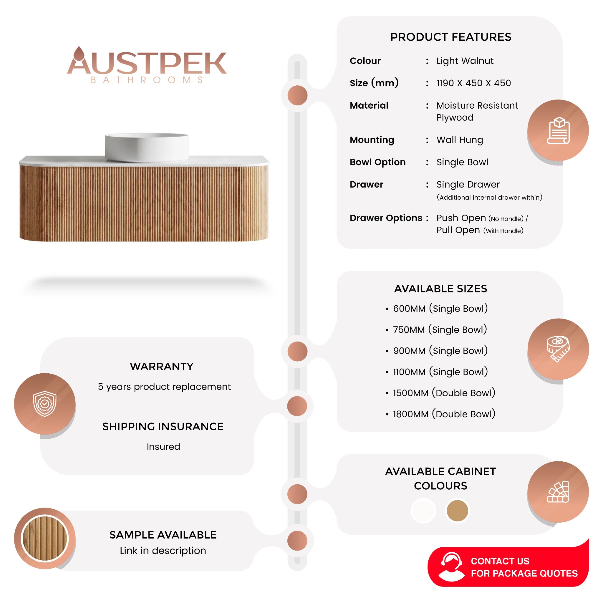 ORIO HAYMAN LIGHT WALNUT FLUTED 1200MM CURVE SINGLE BOWL WALL HUNG VANITY