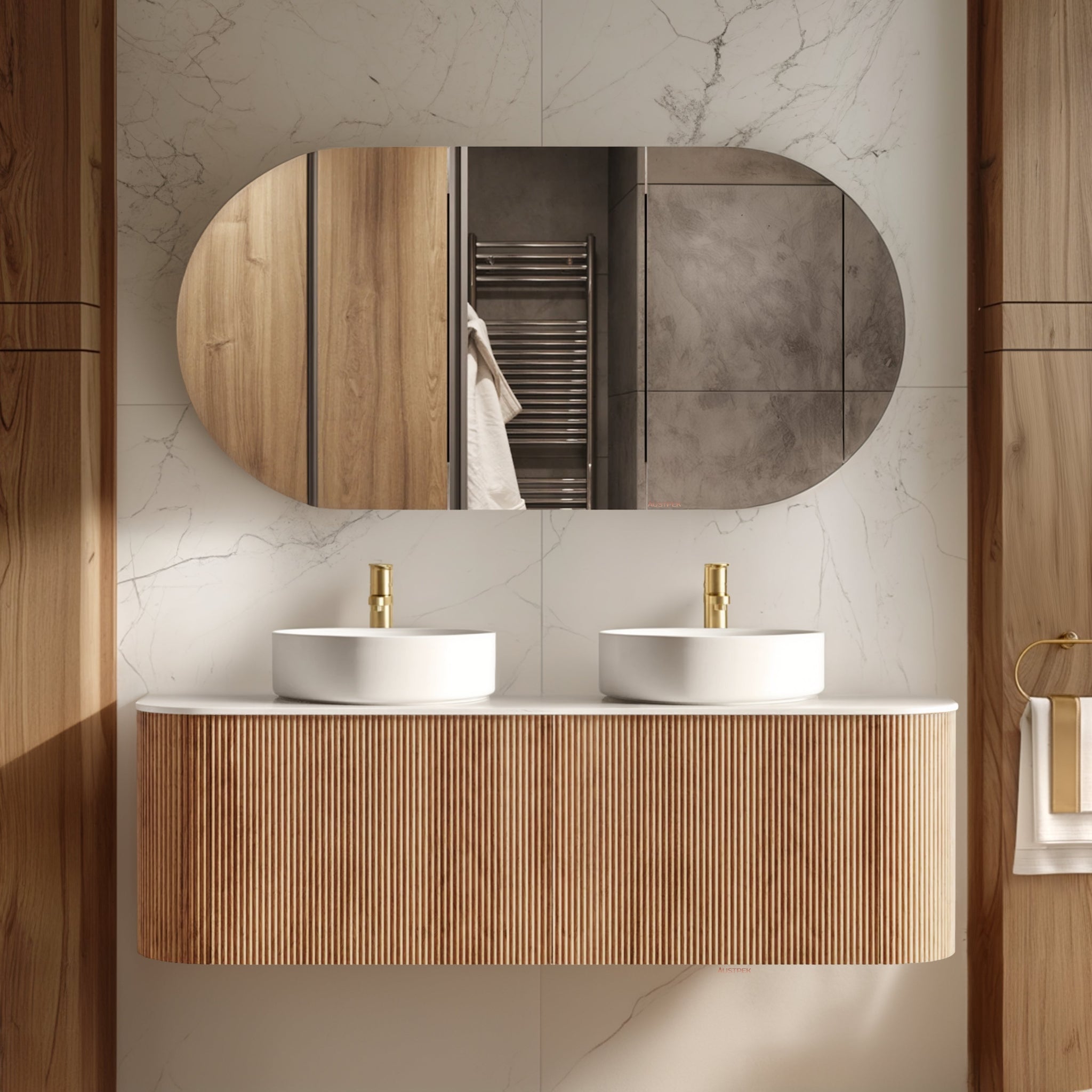 ORIO HAYMAN LIGHT WALNUT FLUTED 1500MM CURVE DOUBLE BOWL WALL HUNG VANITY