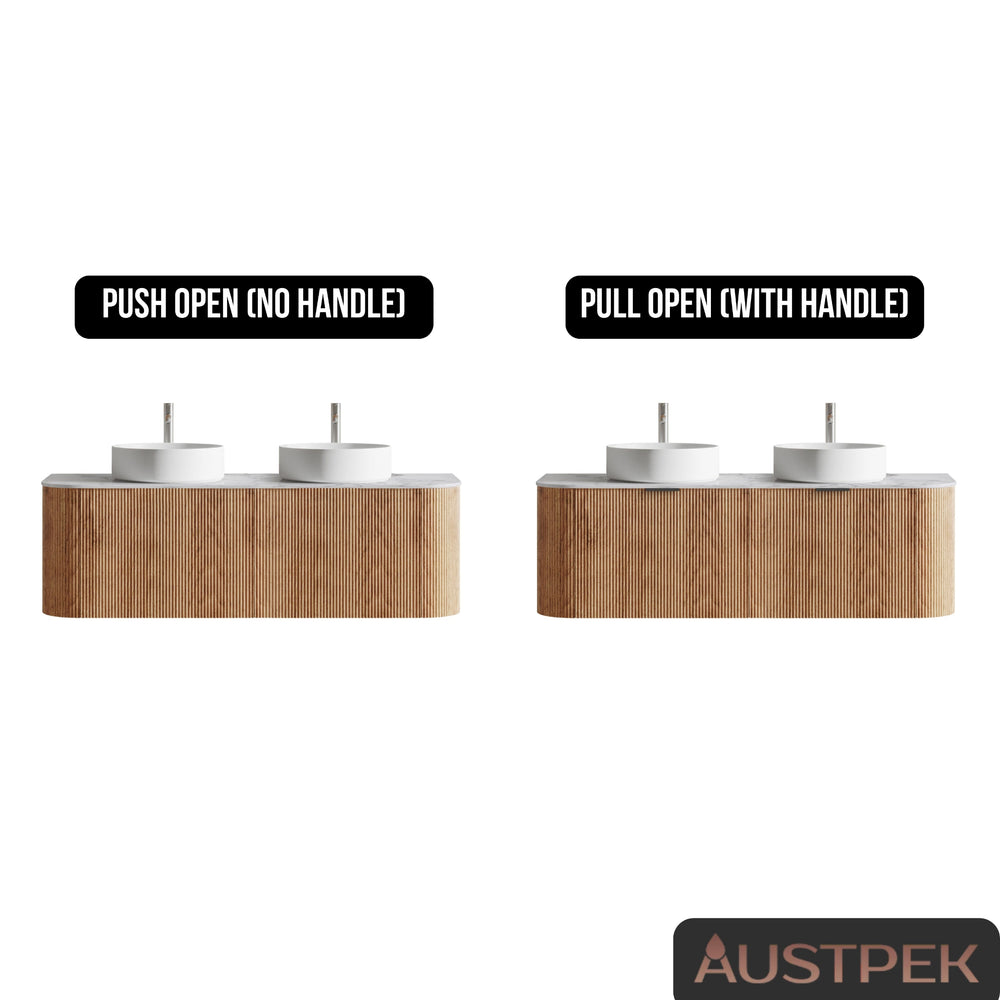 ORIO HAYMAN LIGHT WALNUT FLUTED 1800MM CURVE DOUBLE BOWL WALL HUNG VANITY