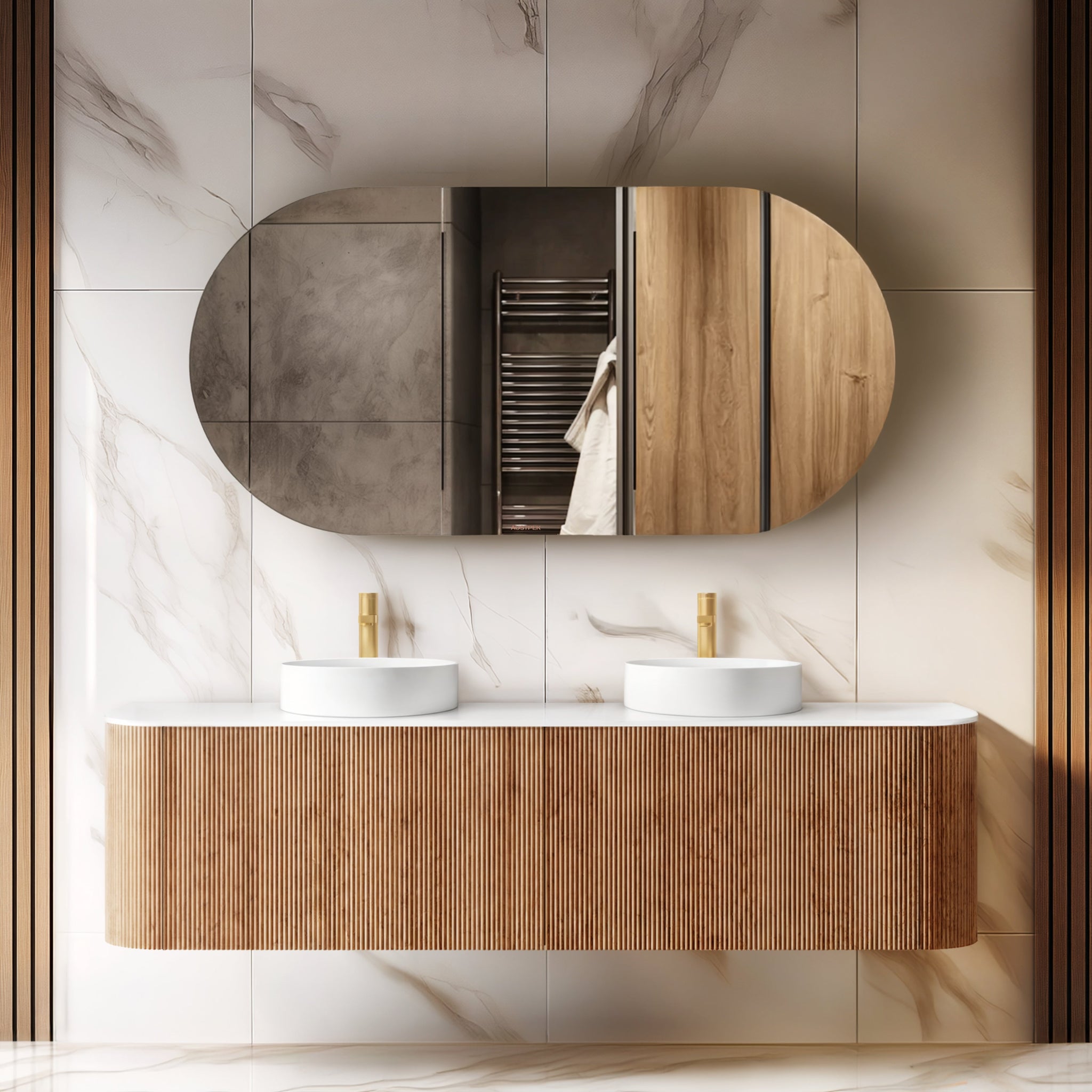 ORIO HAYMAN LIGHT WALNUT FLUTED 1800MM CURVE DOUBLE BOWL WALL HUNG VANITY