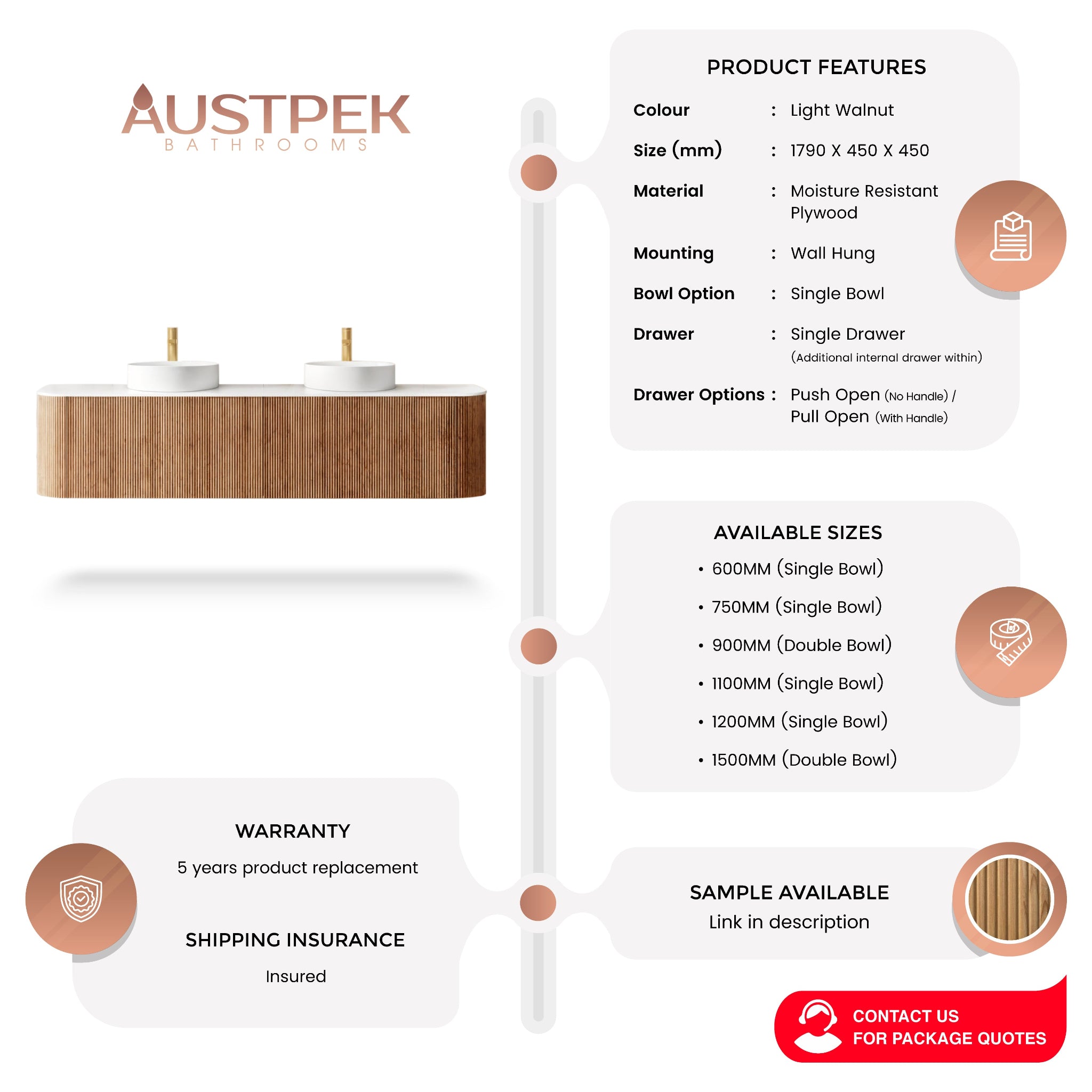 ORIO HAYMAN LIGHT WALNUT FLUTED 1800MM CURVE DOUBLE BOWL WALL HUNG VANITY