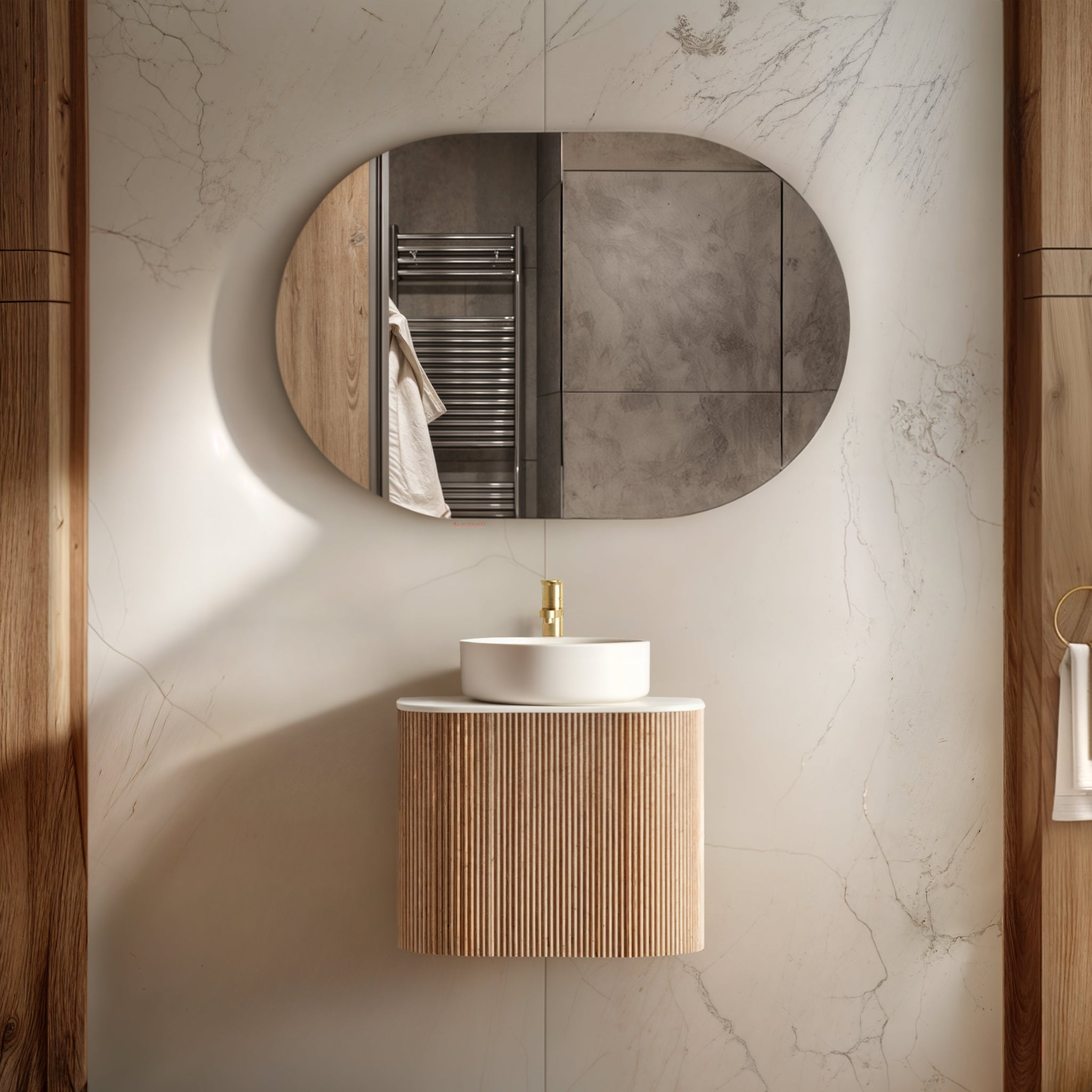 ORIO HAYMAN LIGHT WALNUT FLUTED 600MM CURVE SINGLE BOWL WALL HUNG VANITY