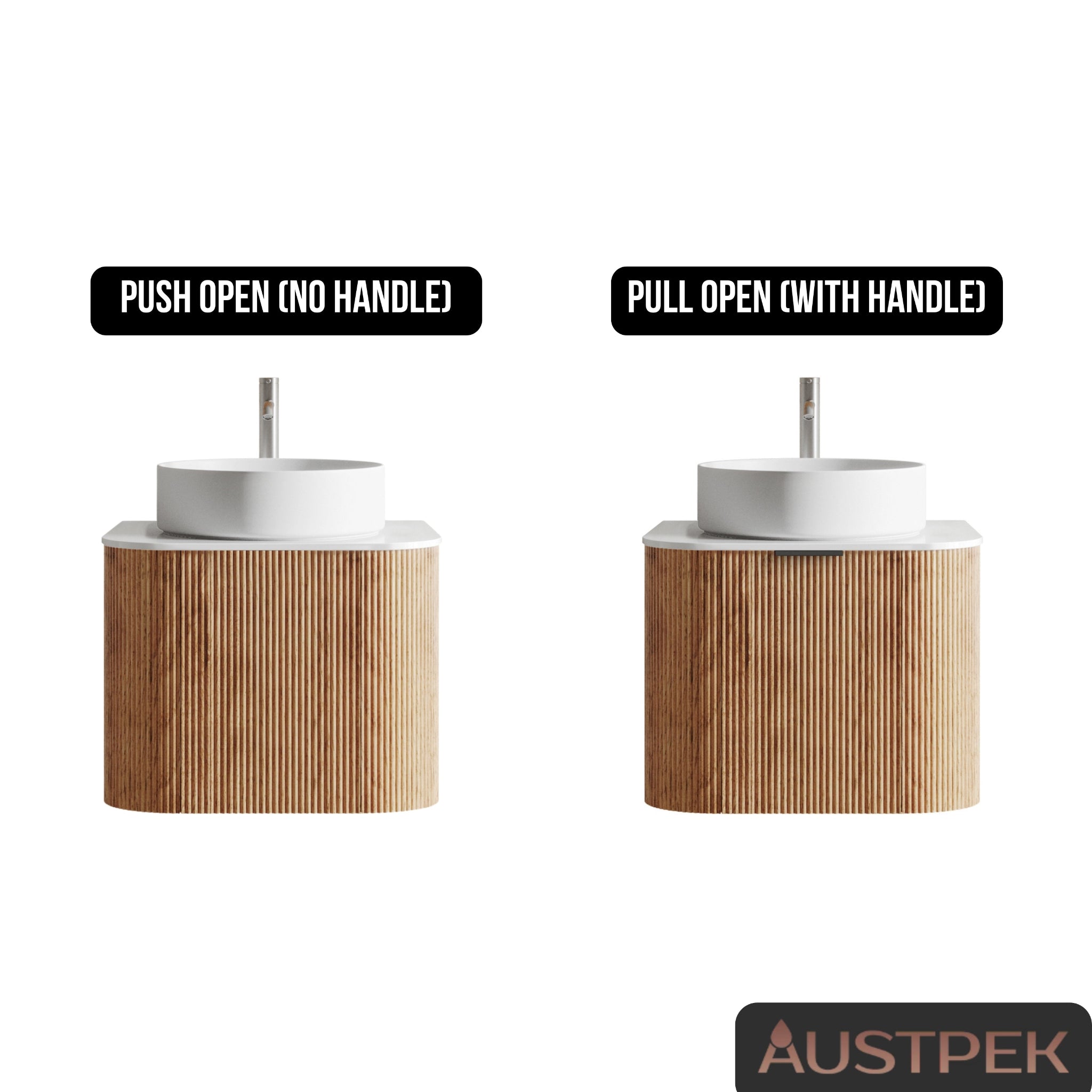 ORIO HAYMAN LIGHT WALNUT FLUTED 600MM CURVE SINGLE BOWL WALL HUNG VANITY