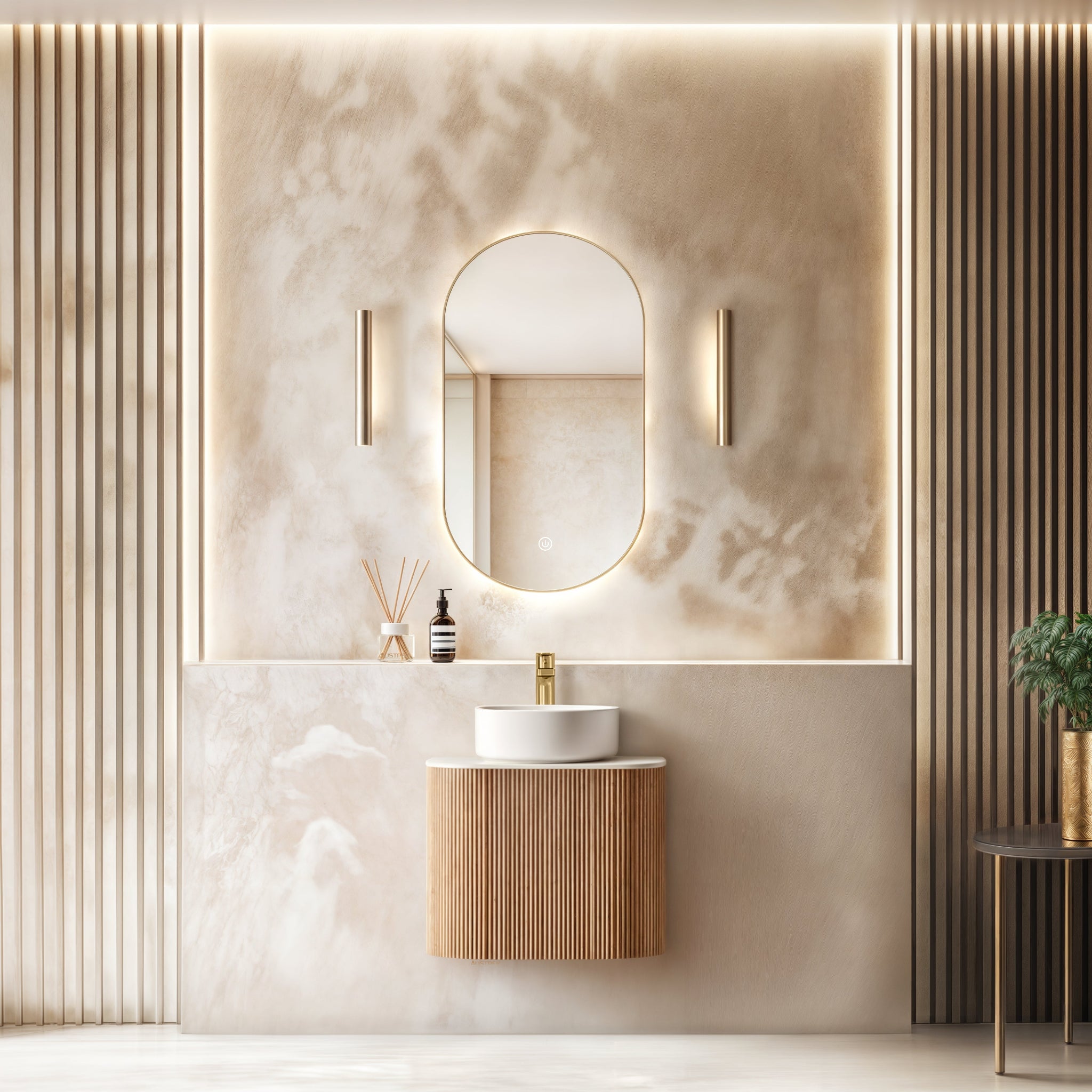 ORIO HAYMAN LIGHT WALNUT FLUTED 600MM CURVE SINGLE BOWL WALL HUNG VANITY