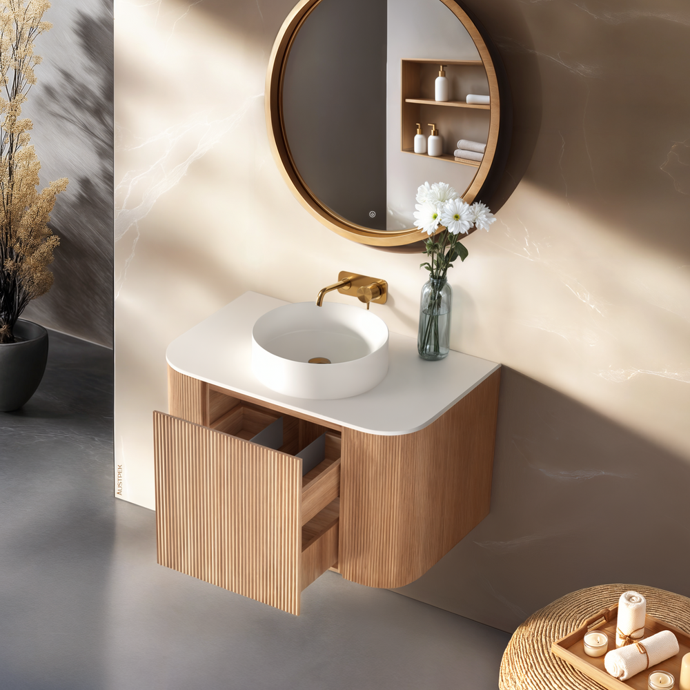 ORIO HAYMAN LIGHT WALNUT FLUTED 750MM CURVE SINGLE BOWL WALL HUNG VANITY