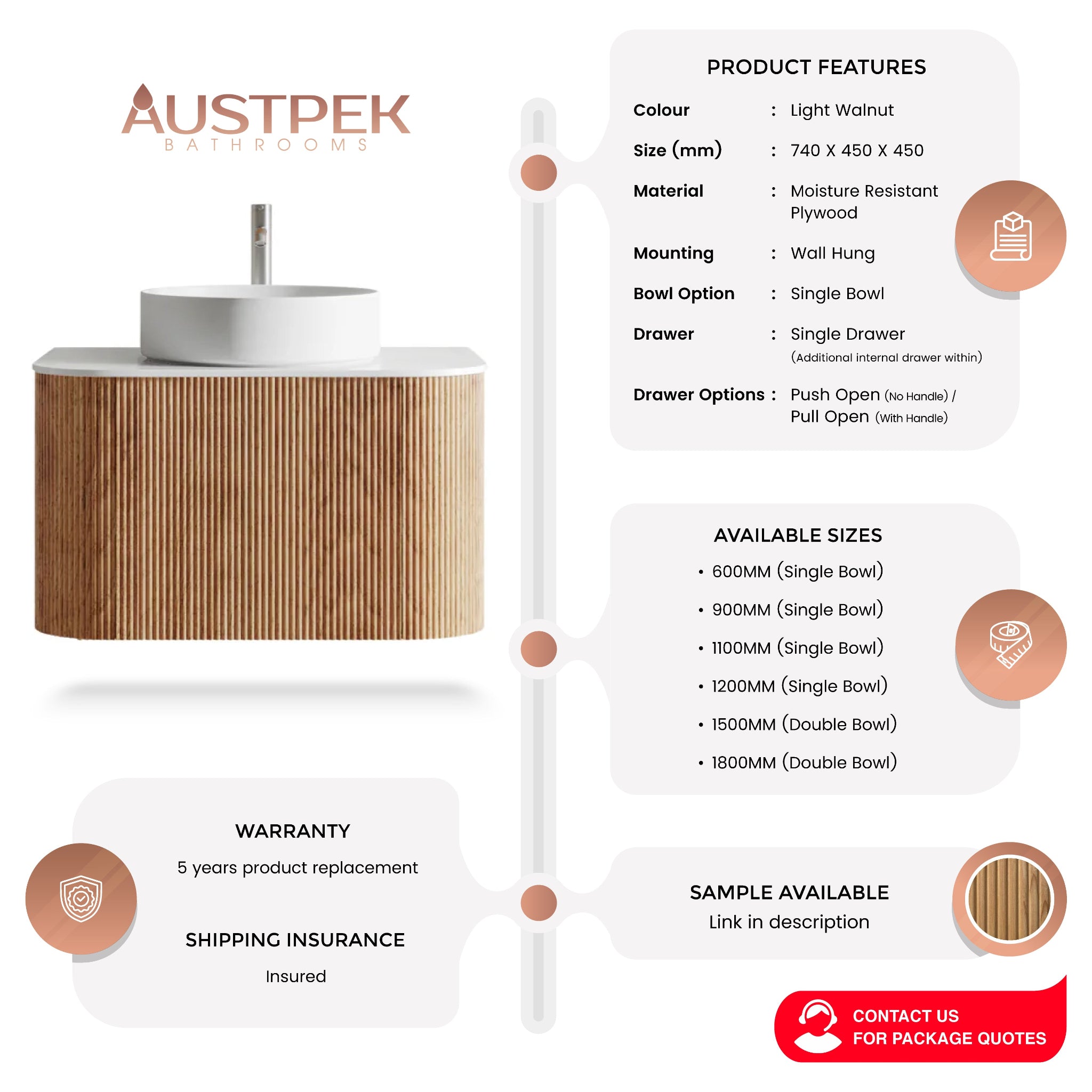 ORIO HAYMAN LIGHT WALNUT FLUTED 750MM CURVE SINGLE BOWL WALL HUNG VANITY