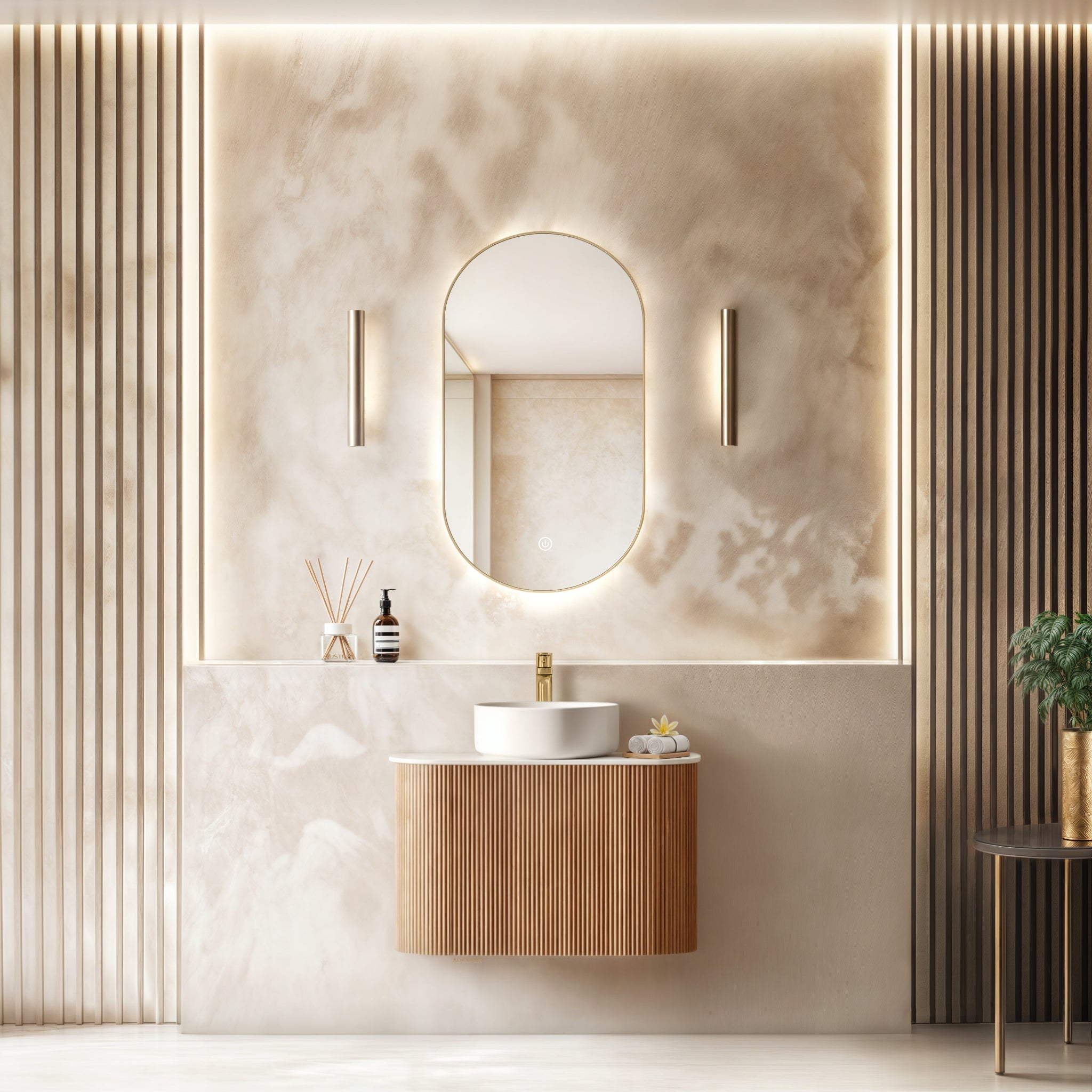 ORIO HAYMAN LIGHT WALNUT FLUTED 750MM CURVE SINGLE BOWL WALL HUNG VANITY