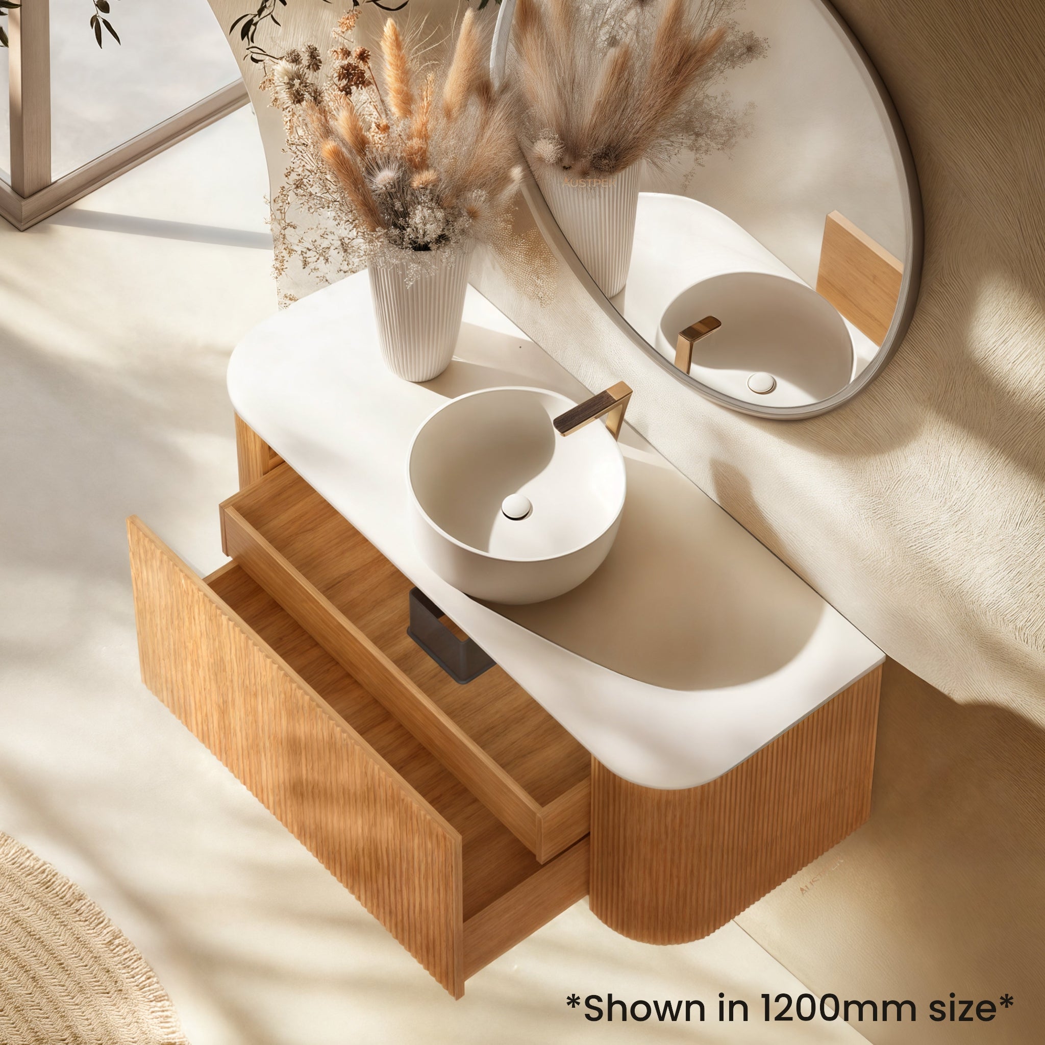 ORIO HAYMAN LIGHT WALNUT FLUTED 1800MM CURVE DOUBLE BOWL WALL HUNG VANITY