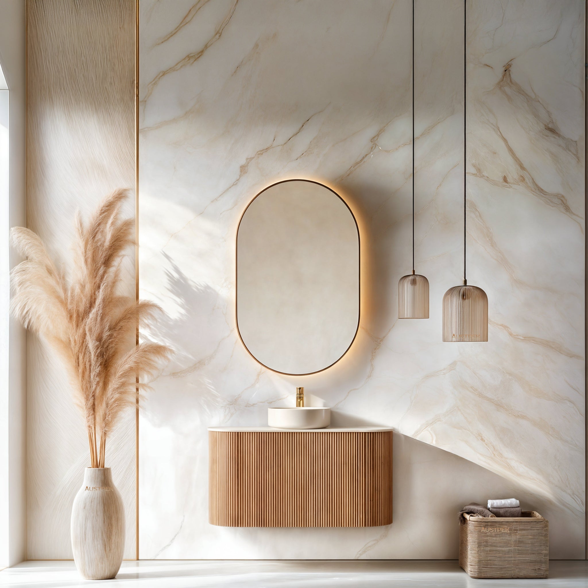 ORIO HAYMAN LIGHT WALNUT FLUTED 900MM CURVE SINGLE BOWL WALL HUNG VANITY