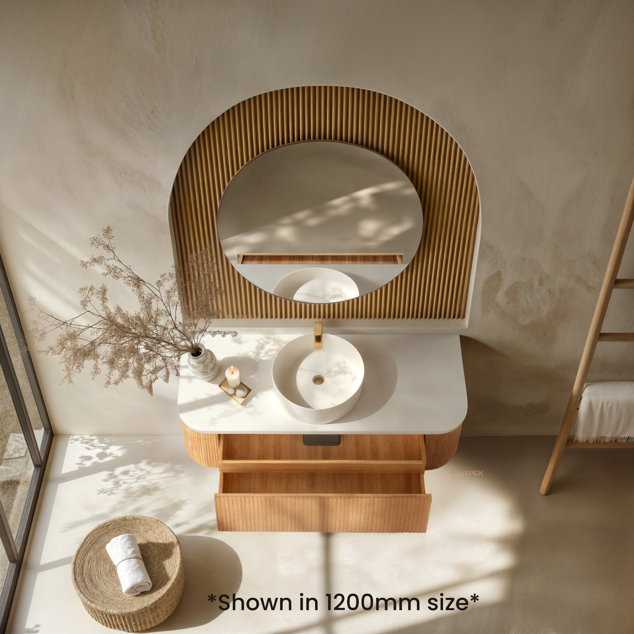 ORIO HAYMAN LIGHT WALNUT FLUTED 1800MM CURVE DOUBLE BOWL WALL HUNG VANITY