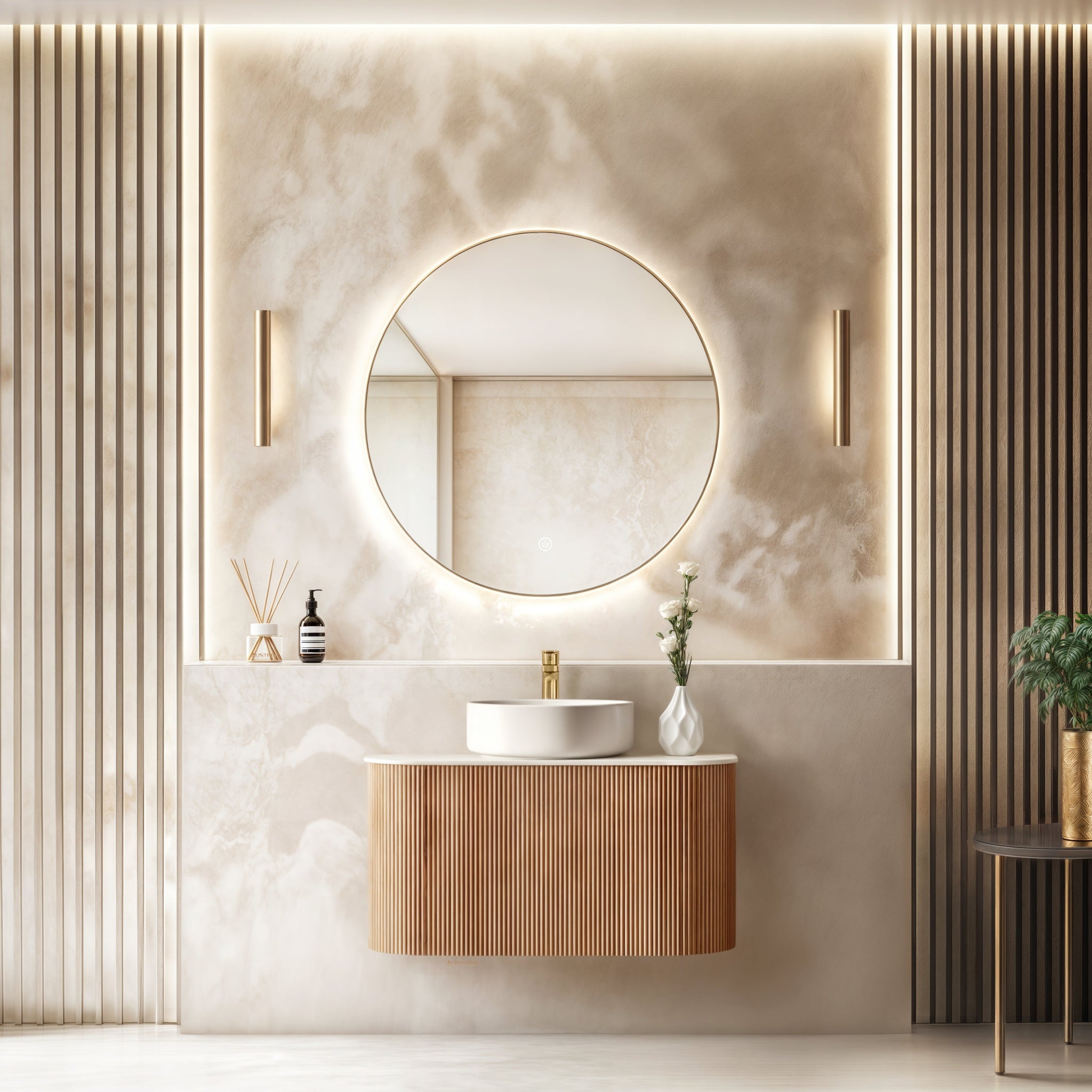 ORIO HAYMAN LIGHT WALNUT FLUTED 900MM CURVE SINGLE BOWL WALL HUNG VANITY