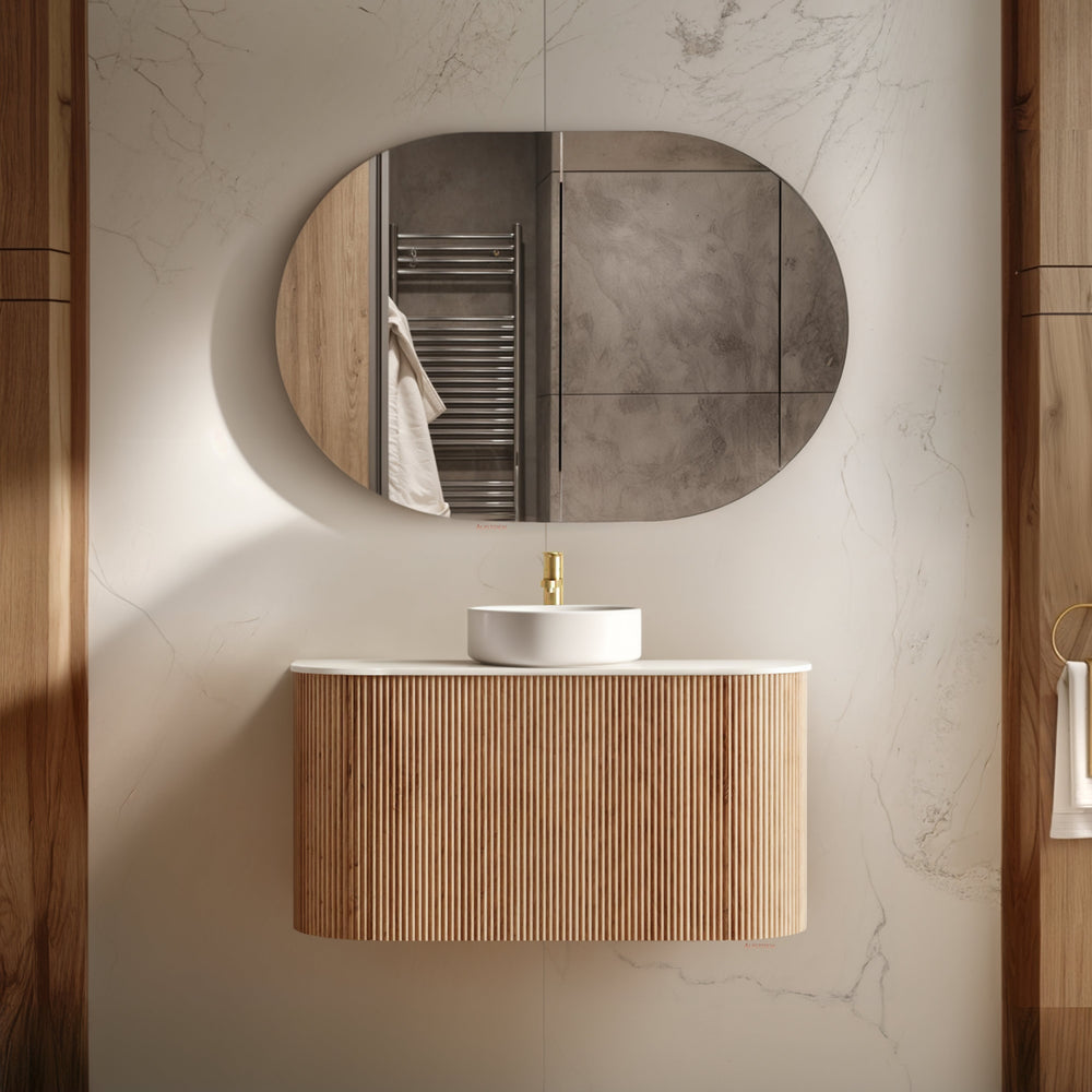 ORIO HAYMAN LIGHT WALNUT FLUTED 900MM CURVE SINGLE BOWL WALL HUNG VANITY