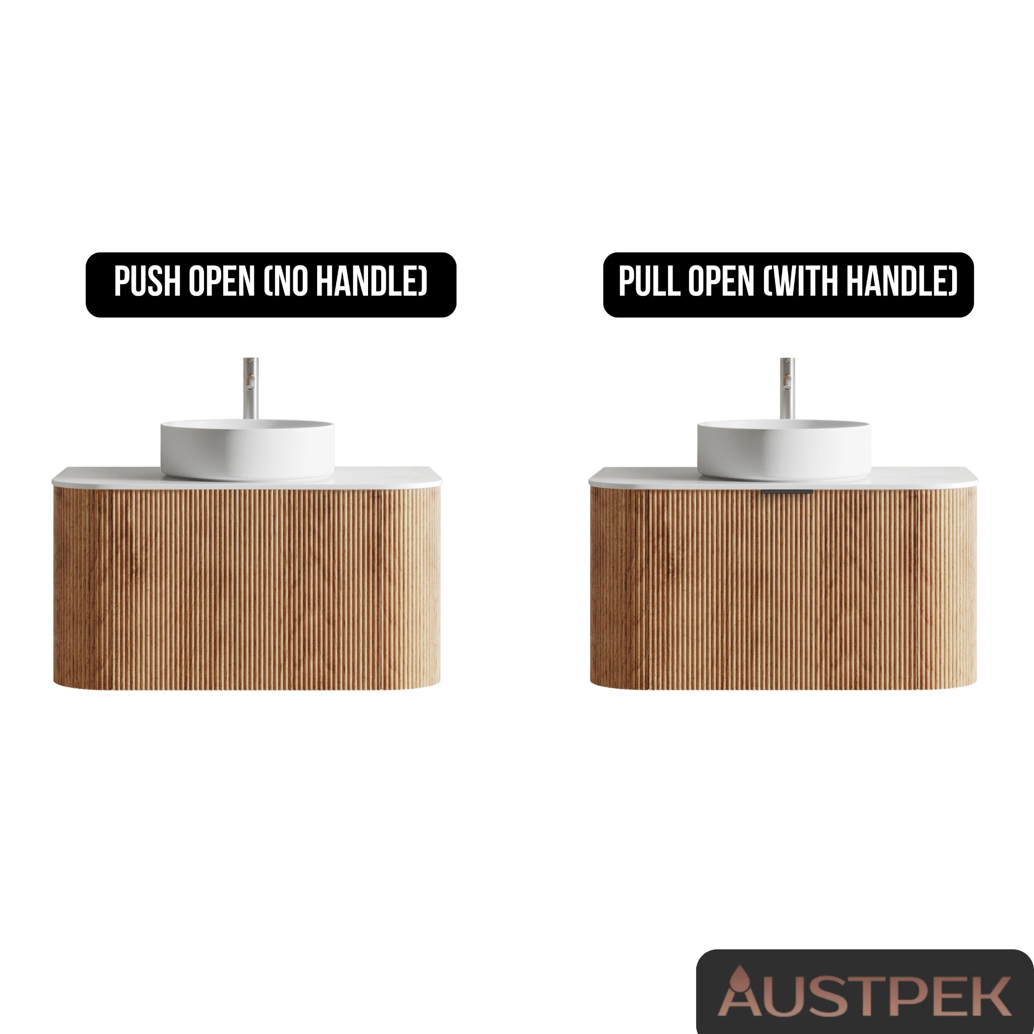 ORIO HAYMAN LIGHT WALNUT FLUTED 900MM CURVE SINGLE BOWL WALL HUNG VANITY