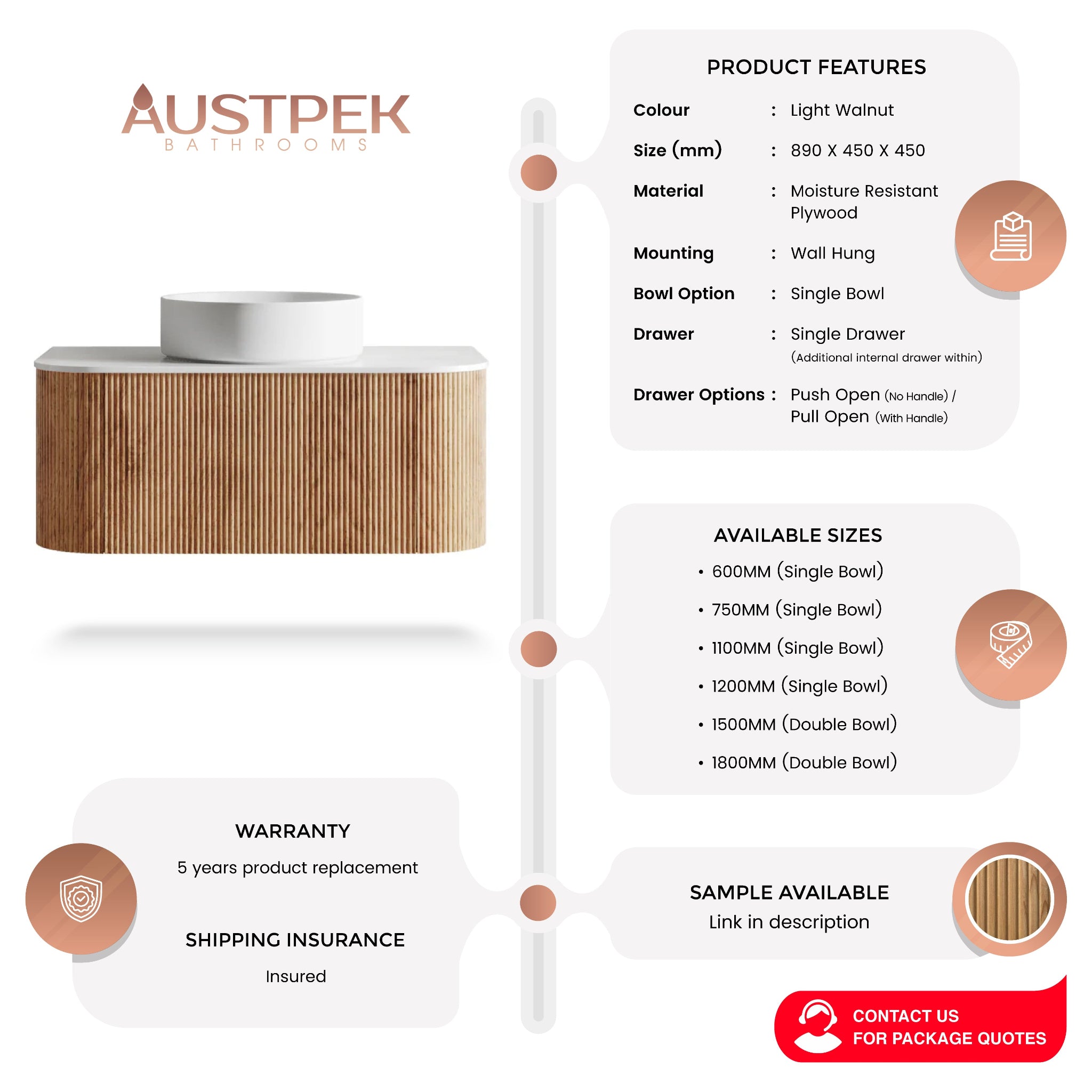 ORIO HAYMAN LIGHT WALNUT FLUTED 900MM CURVE SINGLE BOWL WALL HUNG VANITY