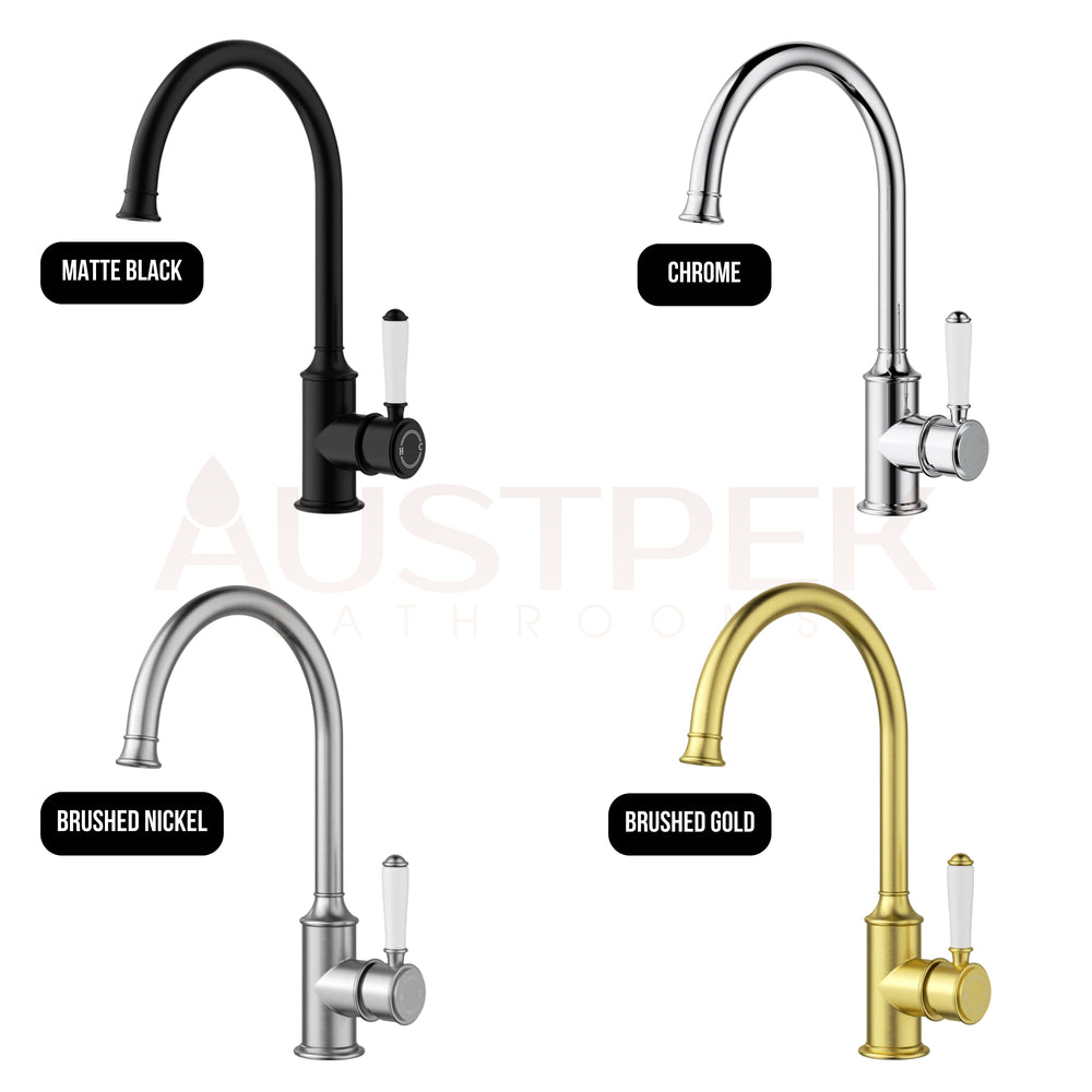IKON CLASICO LEAD FREE GOOSENECK SINK MIXER 340MM BRUSHED NICKEL (CERAMIC HANDLE)