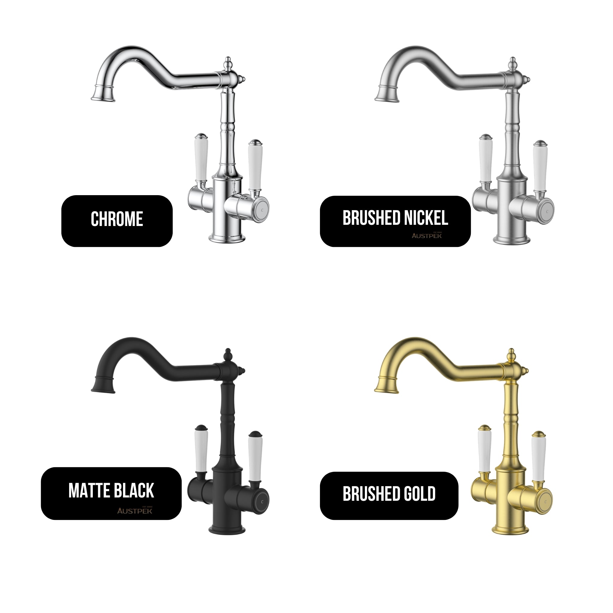 IKON CLASICO TWIN HANDLE SINK MIXER CERAMIC HANDLE 285MM BRUSHED GOLD
