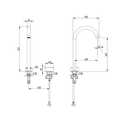 IKON HALI LEAD FREE HOB SINK MIXER 331MM BRUSHED GOLD