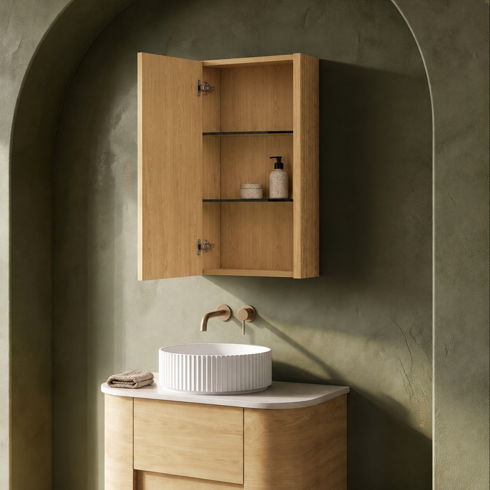 ORIO HAYMAN LIGHT WALNUT FLUTED MIRROR SHAVING CABINET 450MM