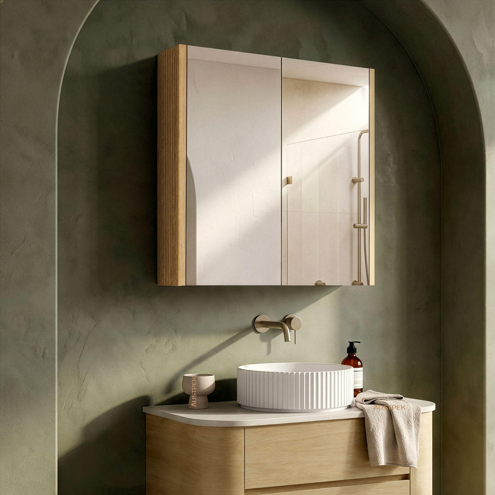 ORIO HAYMAN LIGHT WALNUT FLUTED MIRROR SHAVING CABINET 750MM