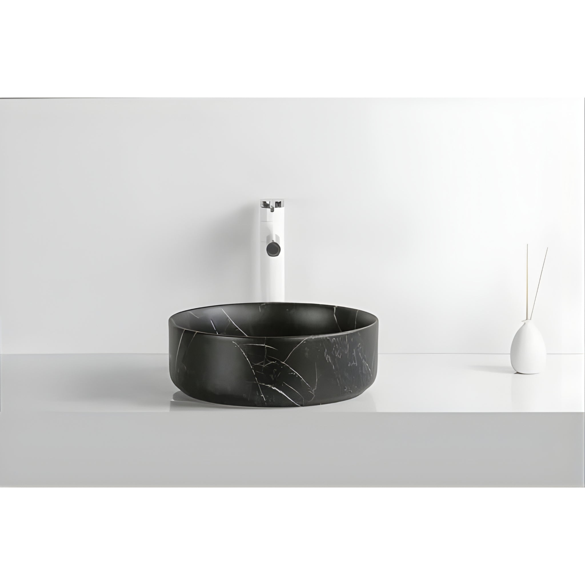 INFINITY ART BASIN CERAMIC MARBLE ROUND MATTE BLACK CARRARA 360MM