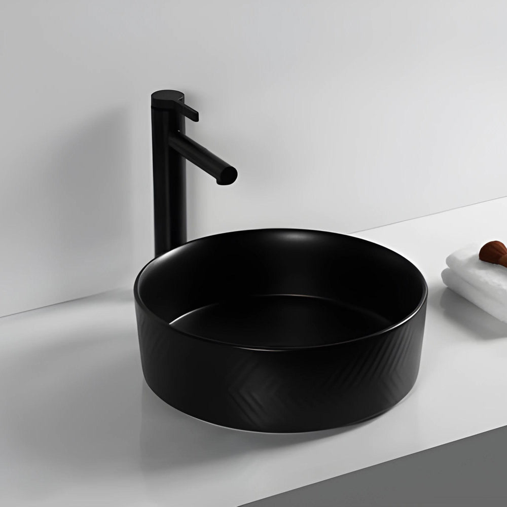 INFINITY ABOVE COUNTER CERAMIC BASIN ROUND MATTE BLACK 360MM