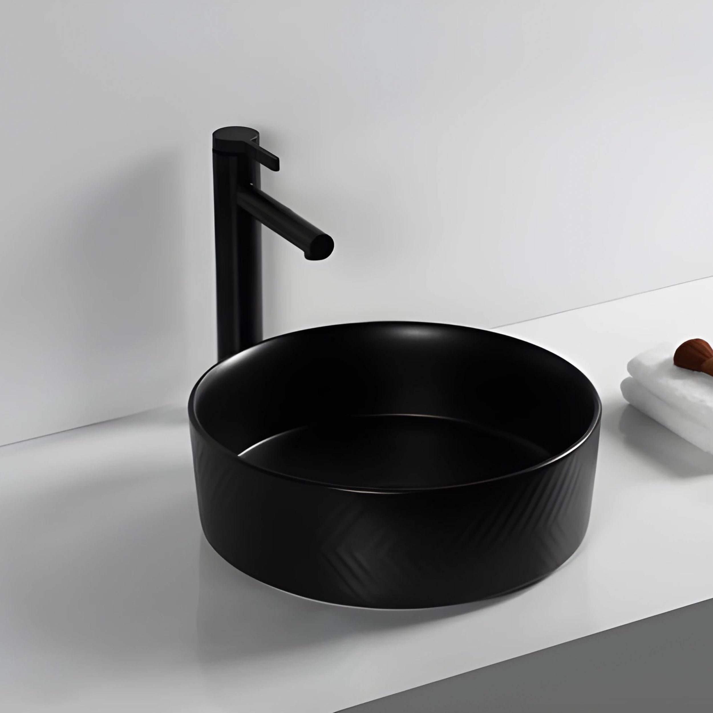 INFINITY ABOVE COUNTER CERAMIC BASIN ROUND MATTE BLACK 360MM