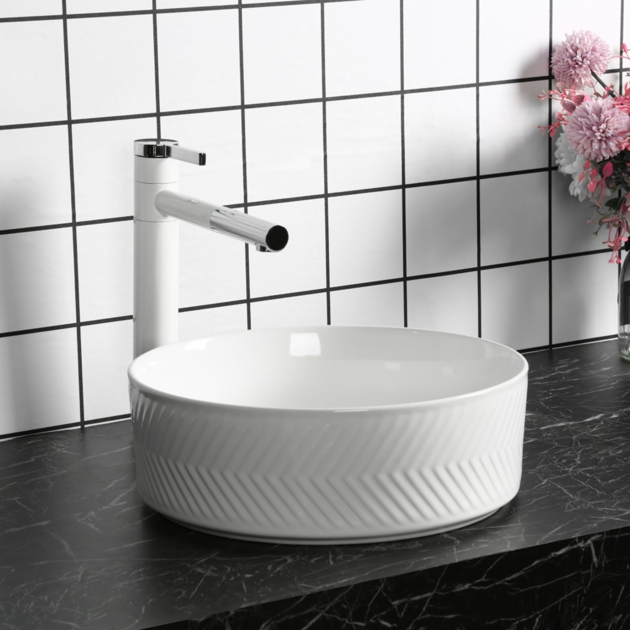 INFINITY ABOVE COUNTER CERAMIC BASIN ROUND GLOSS WHITE 360MM
