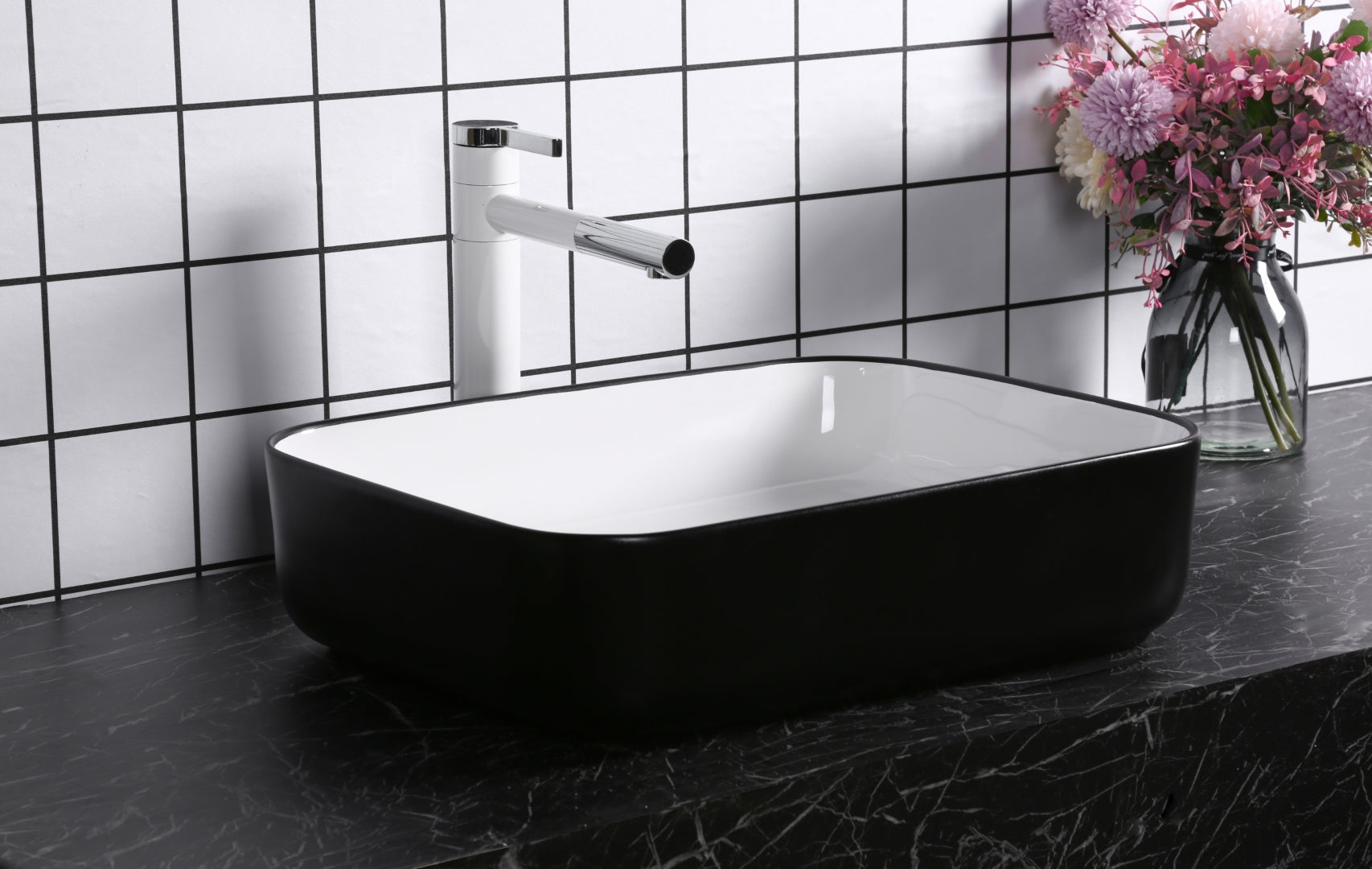 INFINITY ABOVE COUNTER BASIN RECTANGULAR GLOSS BLACK / WHITE 500MM