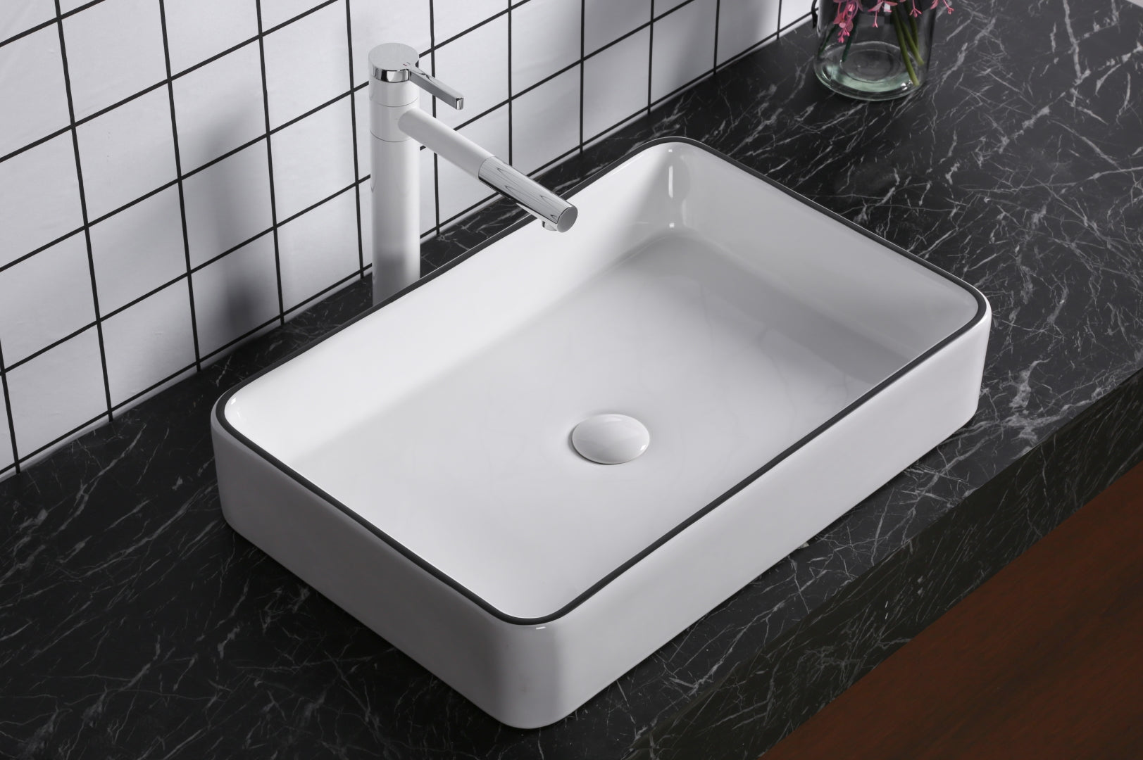 INFINITY ABOVE COUNTER BASIN RECTANGULAR GLOSS WHITE / BLACK EDGE 610MM